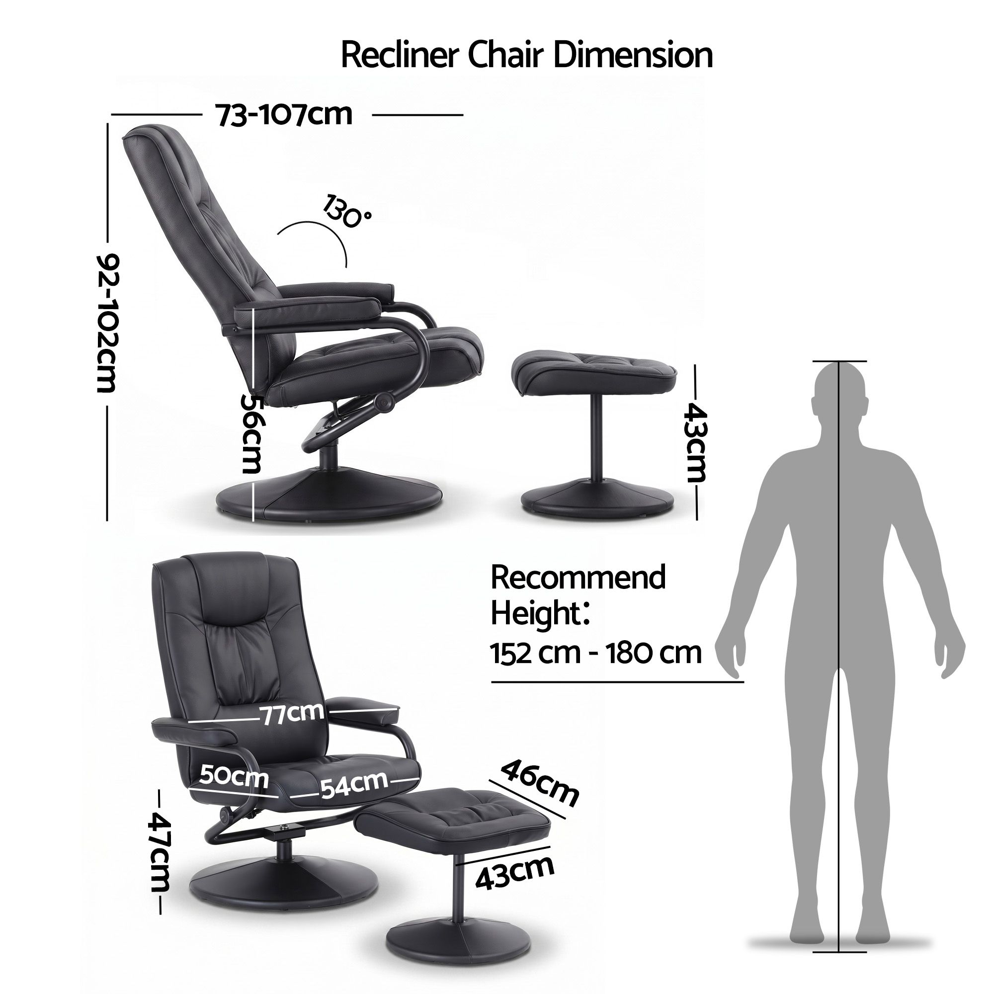 Artiss Recliner with Ottoman 360-Degree Swivel Recliner Chair and Ottoman Set PU Leather Black - Image 2