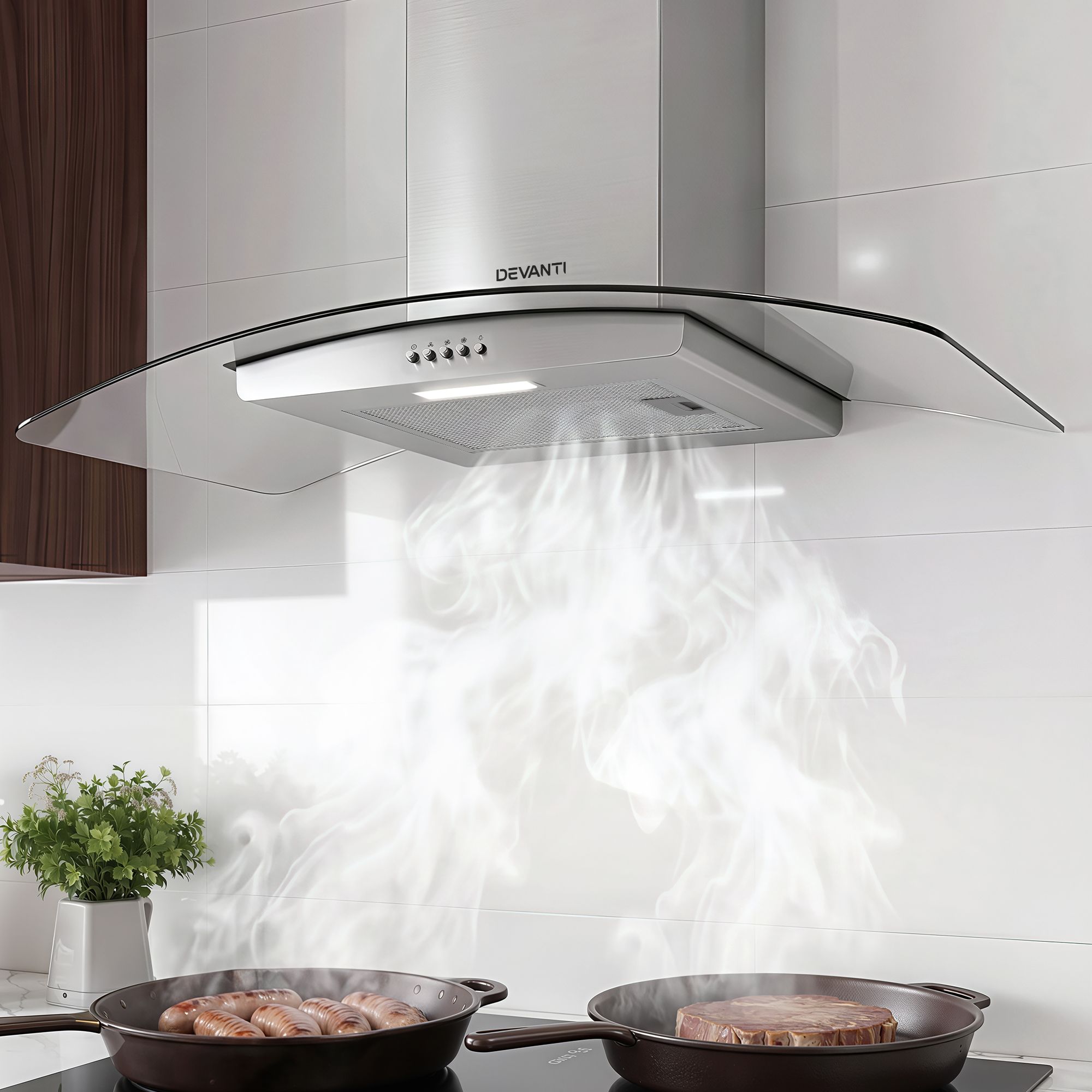 Devanti 90cm Range Hood Curved Glass Canopy Rangehood Kitchen Exhaust Fan - Image 1