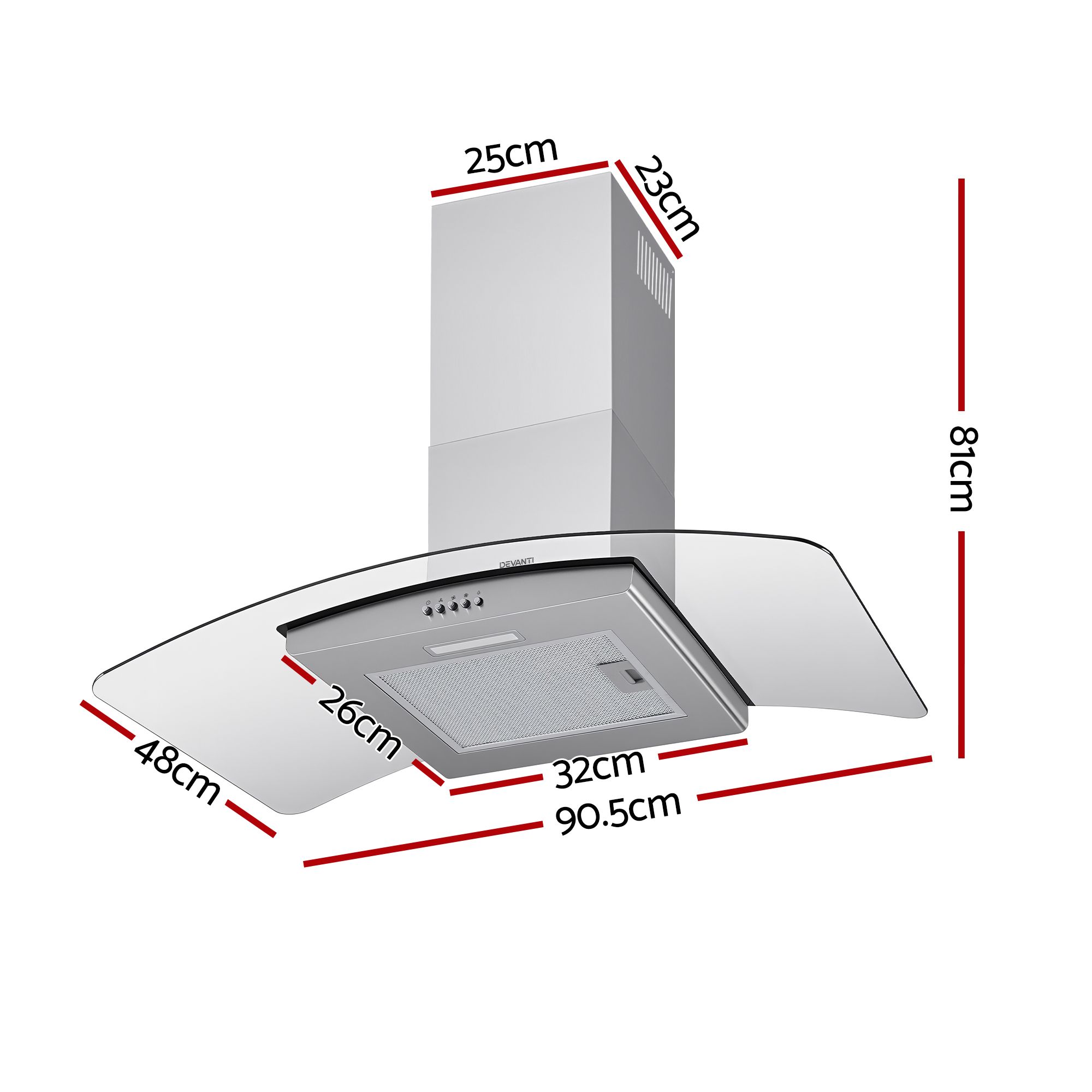 Devanti 90cm Range Hood Curved Glass Canopy Rangehood Kitchen Exhaust Fan - Image 2