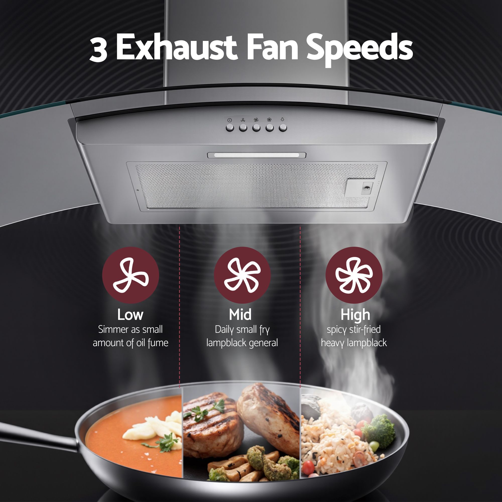 Devanti 90cm Range Hood Curved Glass Canopy Rangehood Kitchen Exhaust Fan - Image 5