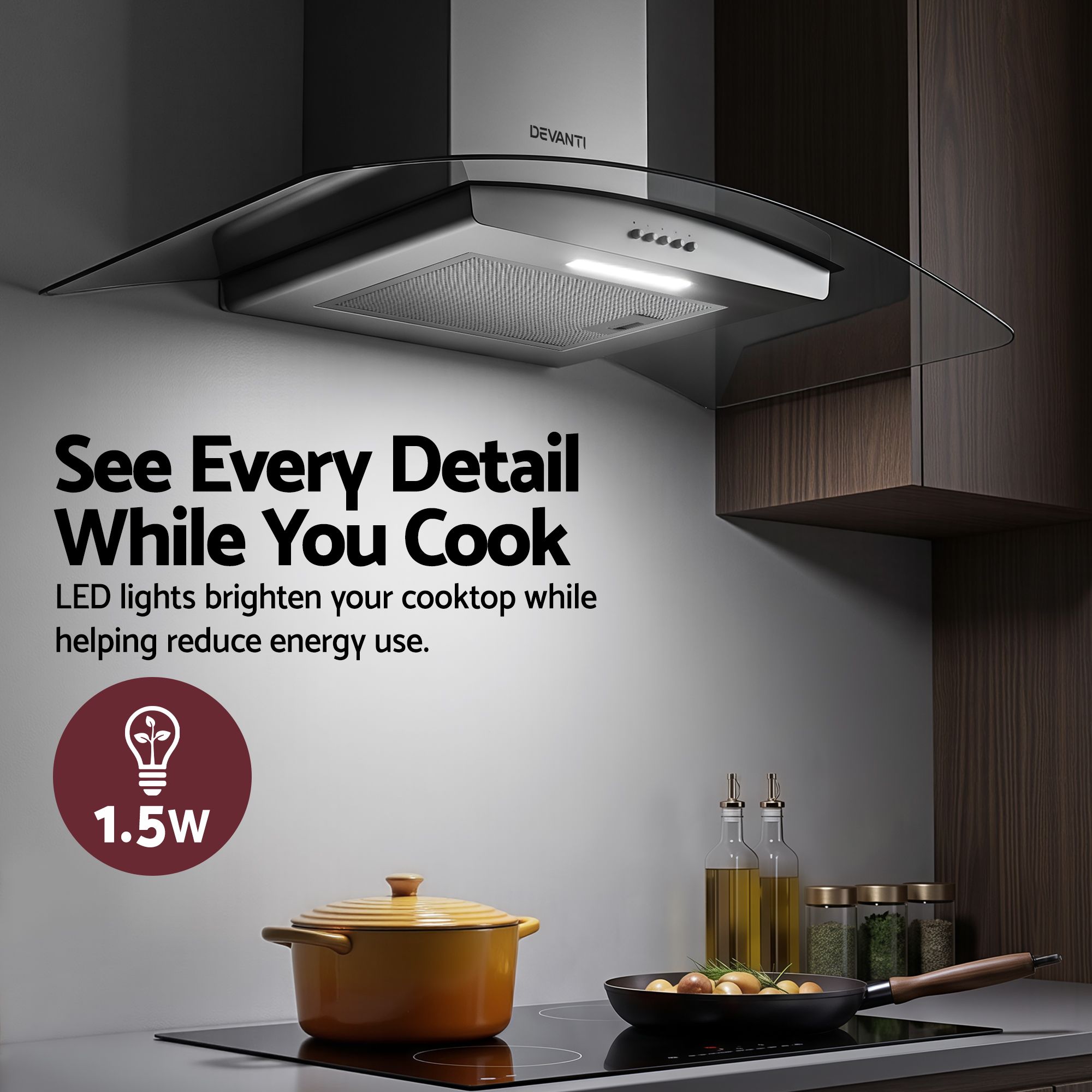 Devanti 90cm Range Hood Curved Glass Canopy Rangehood Kitchen Exhaust Fan - Image 6