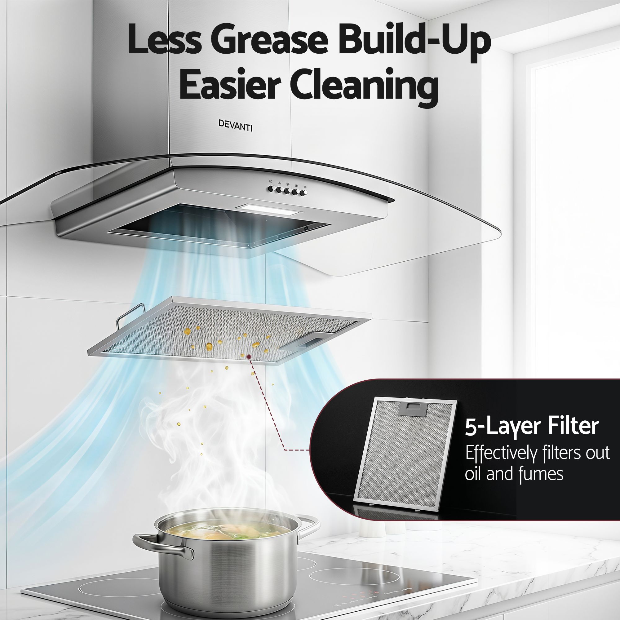 Devanti 90cm Range Hood Curved Glass Canopy Rangehood Kitchen Exhaust Fan - Image 7