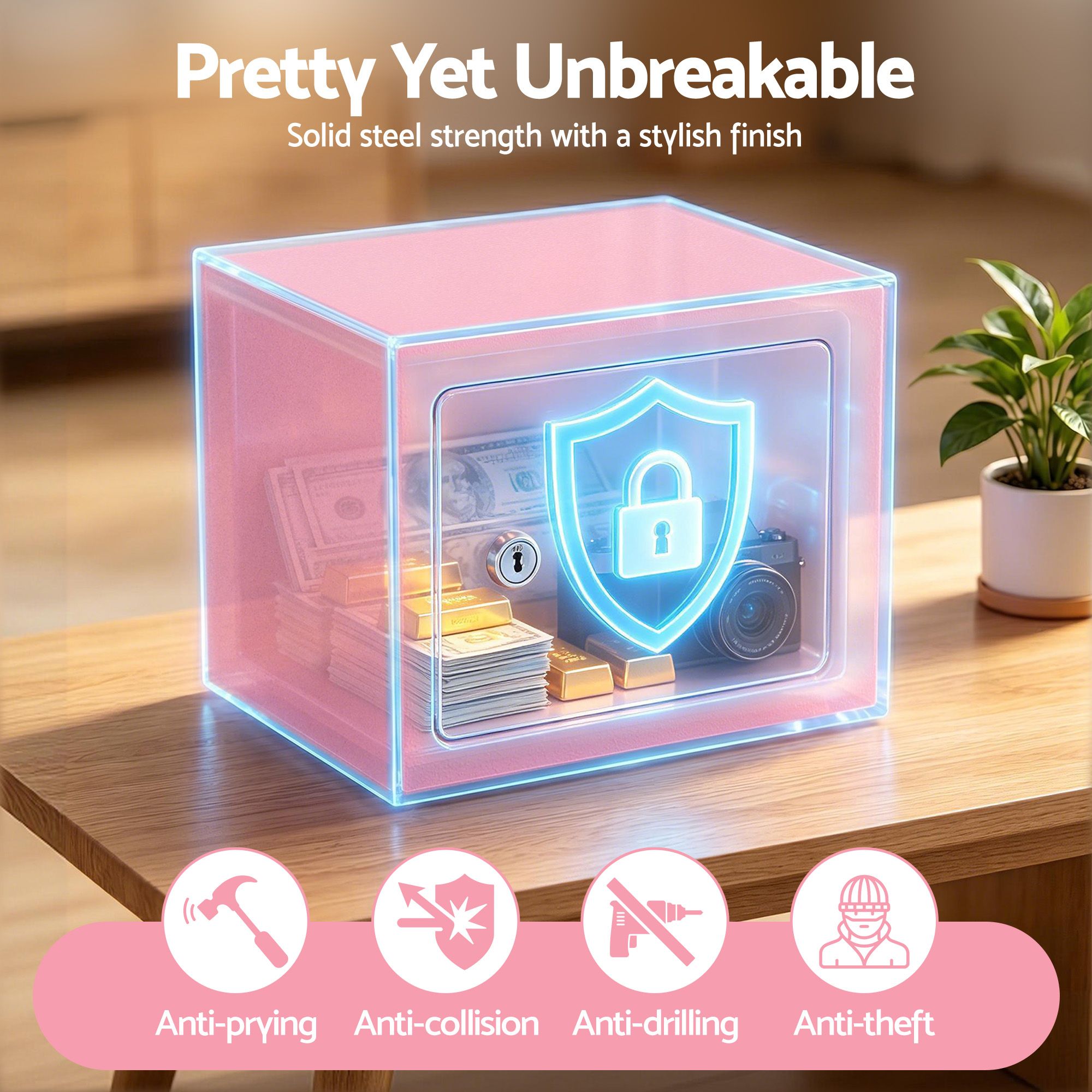 UL-Tech 6.5L Small Safe Box with Key Lock for Cash Mini Home Security Safe Pink - Image 6