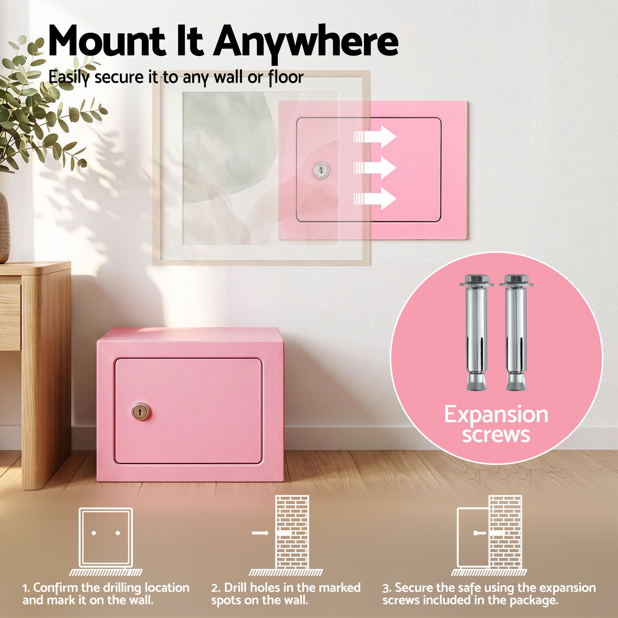 UL-Tech 6.5L Small Safe Box with Key Lock for Cash Mini Home Security Safe Pink - Image 8