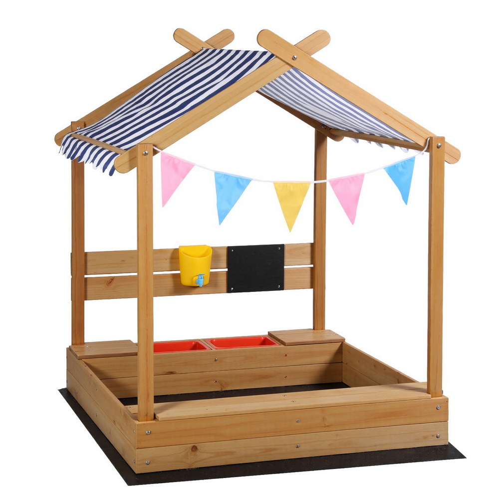 Keezi Kids Sandpit Wooden Sandbox Sand Pit with Canopy Water Basin Toys 146cm - Image 1