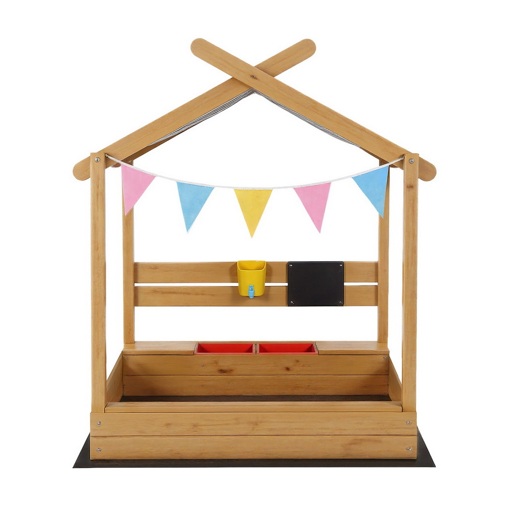 Keezi Kids Sandpit Wooden Sandbox Sand Pit with Canopy Water Basin Toys 146cm - Image 3