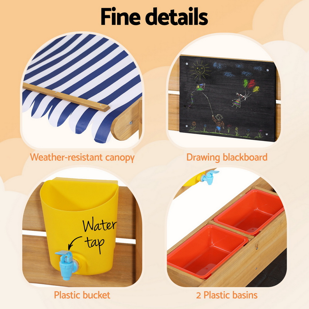Keezi Kids Sandpit Wooden Sandbox Sand Pit with Canopy Water Basin Toys 146cm - Image 5