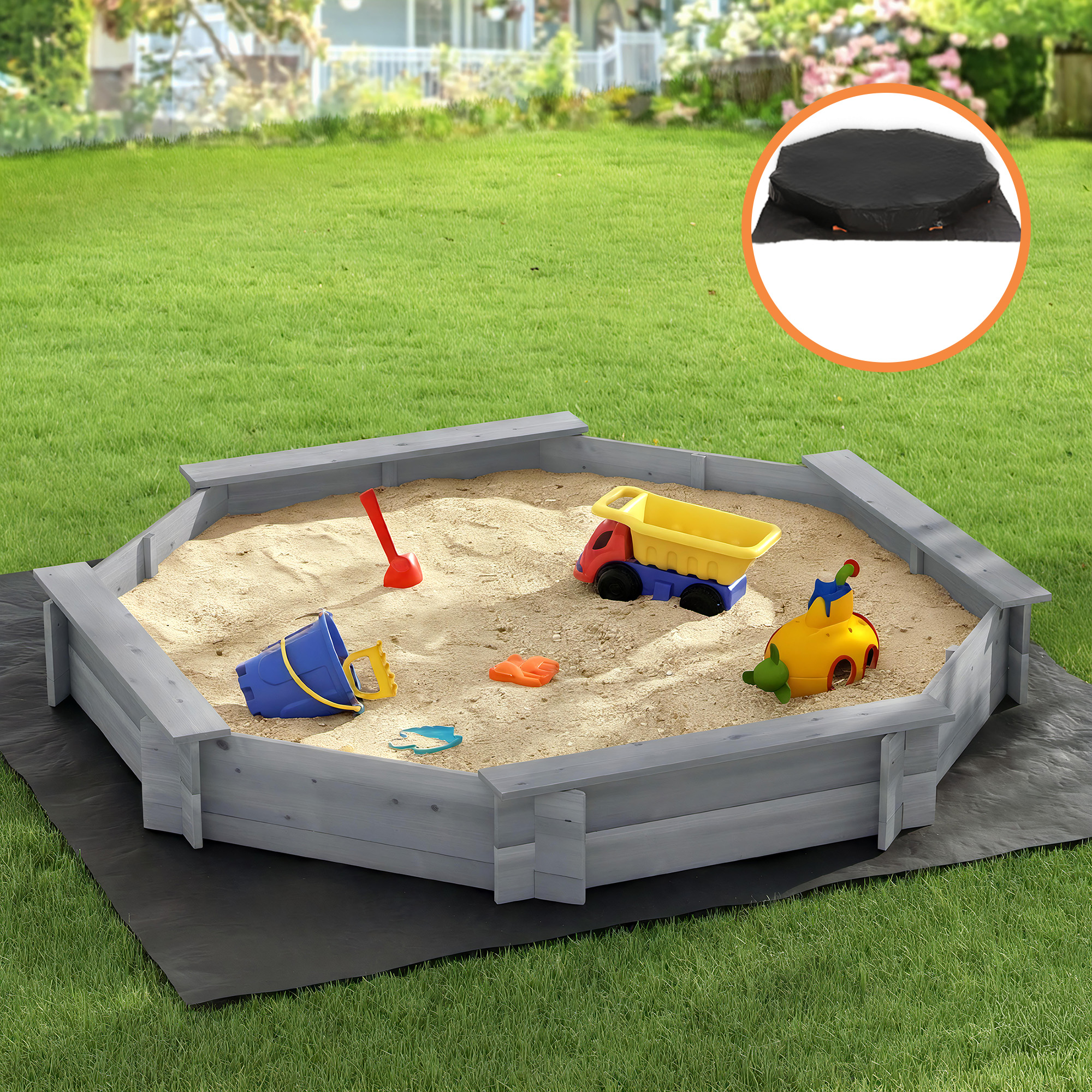 Keezi Kids Sandpit Wooden Round Sand Pit with Cover Bench Seat Beach Toys 182cm Grey - Image 1