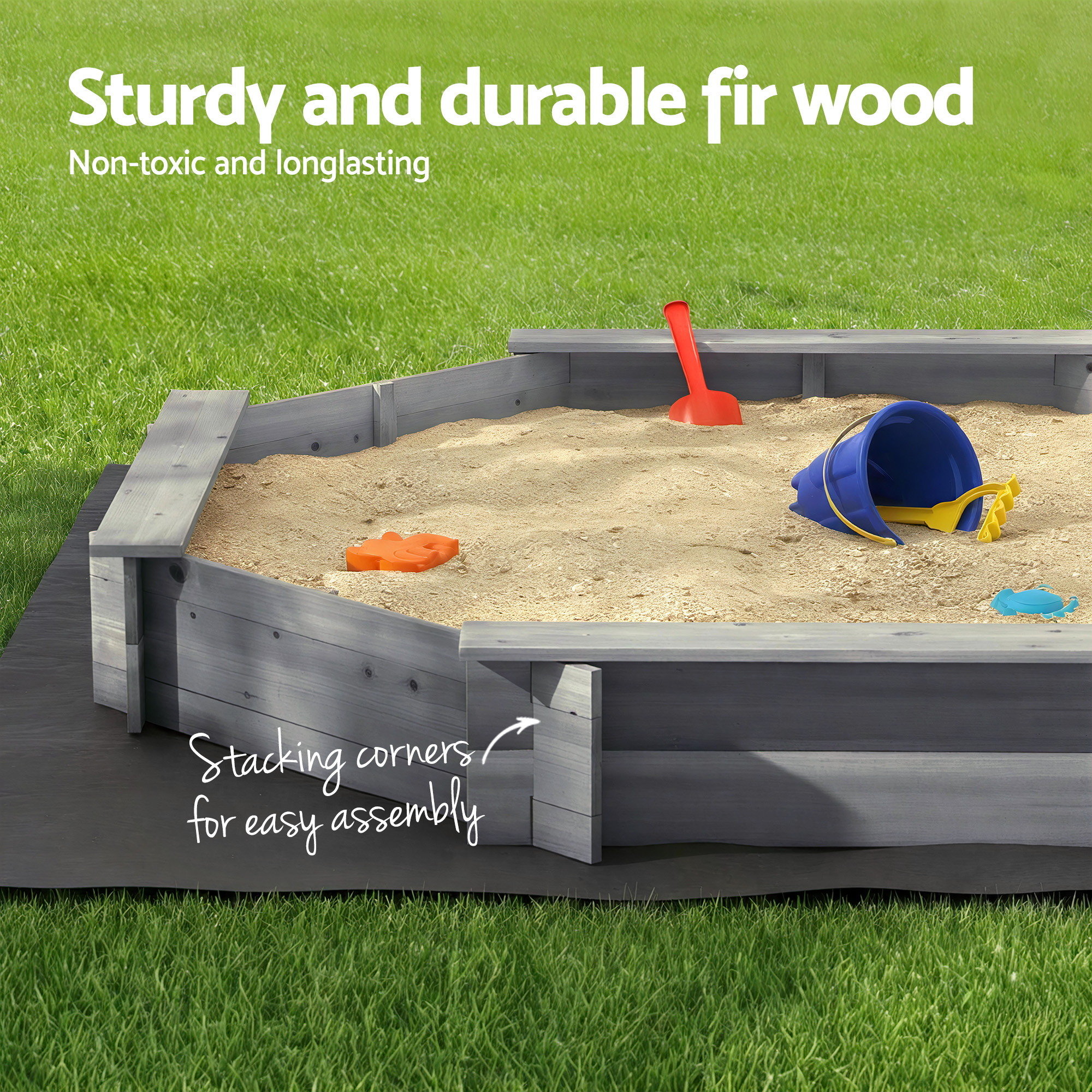 Keezi Kids Sandpit Wooden Round Sand Pit with Cover Bench Seat Beach Toys 182cm Grey - Image 5