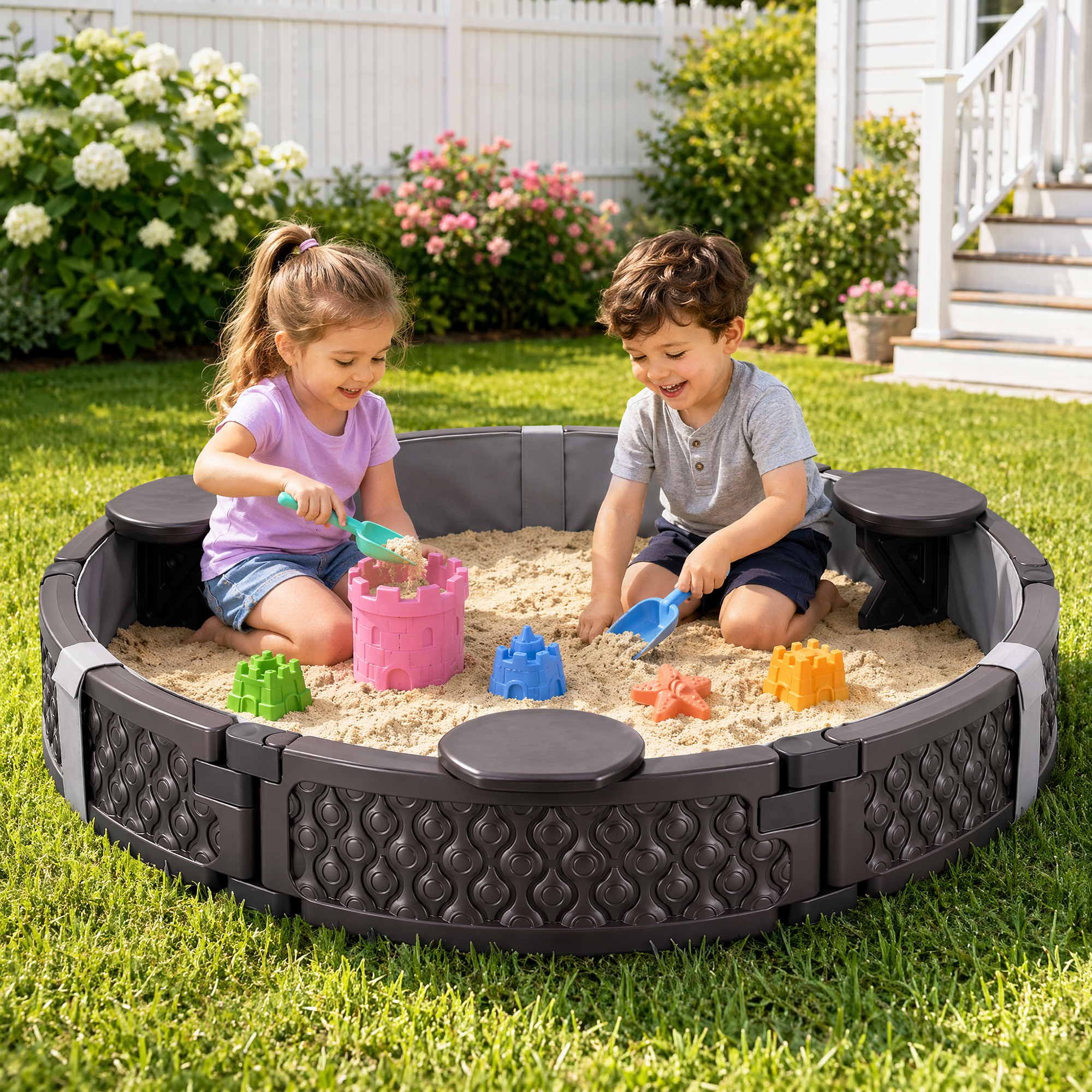 Kids Outdoor Sandpit Toys Sandbox 121cm Round Brown 3 Seats Cover Liner - Image 1