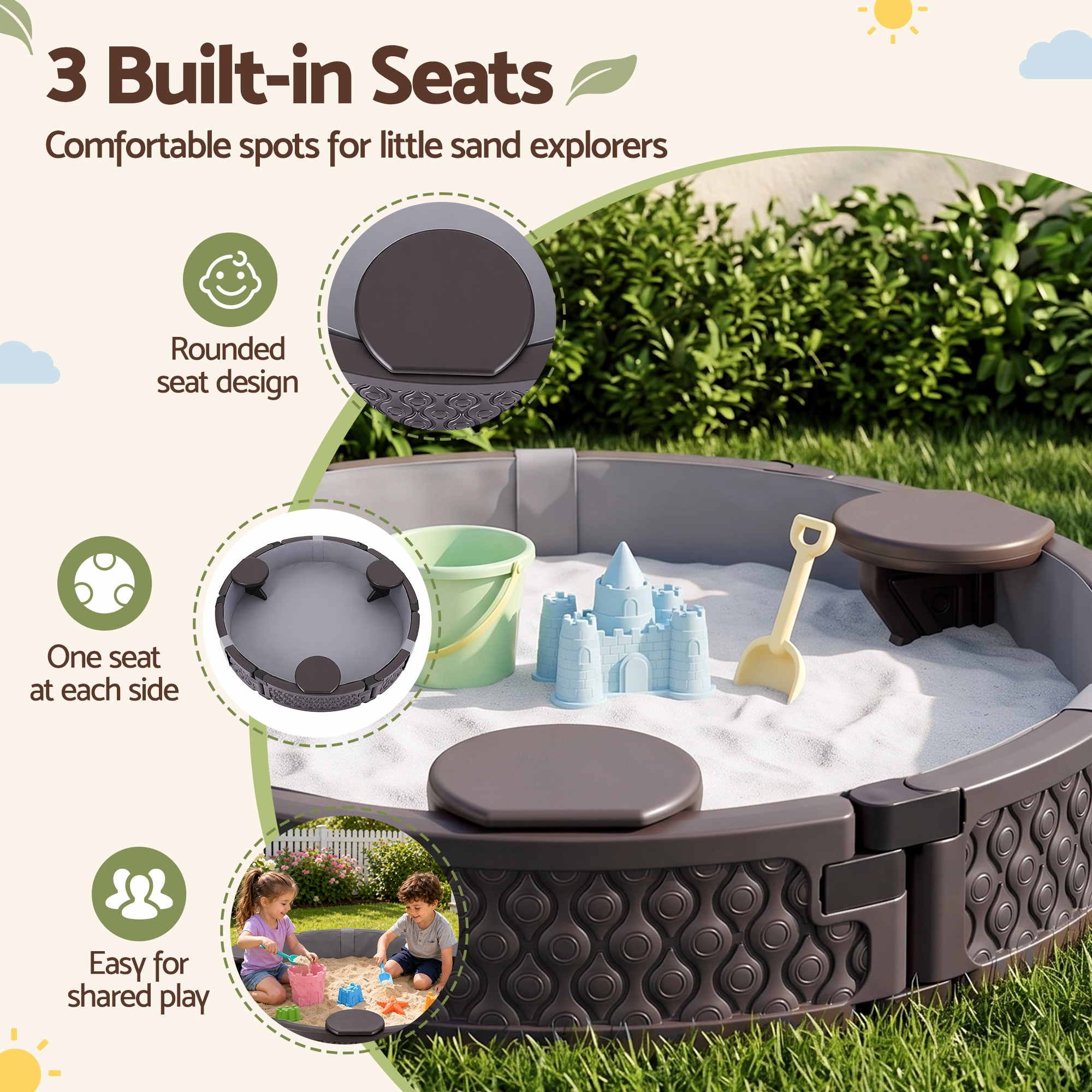 Kids Outdoor Sandpit Toys Sandbox 121cm Round Brown 3 Seats Cover Liner - Image 4