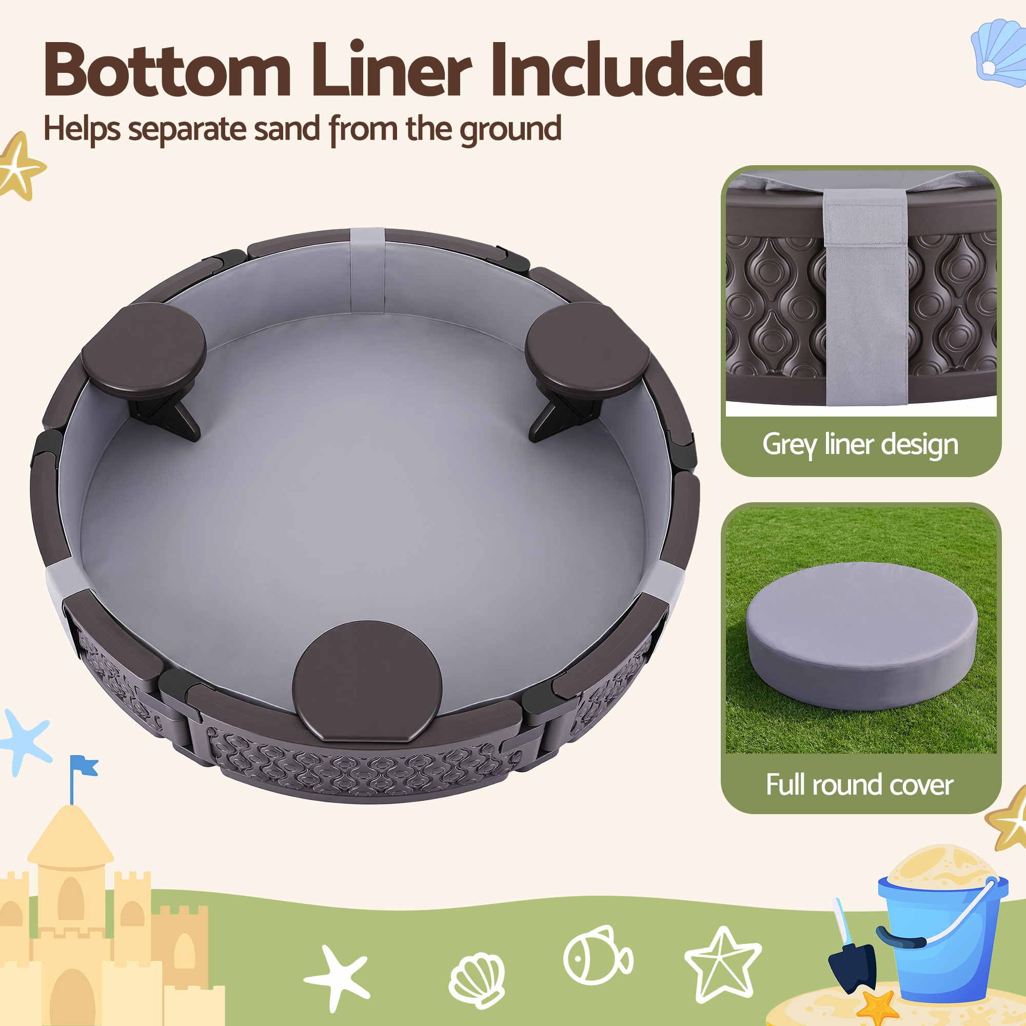Kids Outdoor Sandpit Toys Sandbox 121cm Round Brown 3 Seats Cover Liner - Image 5