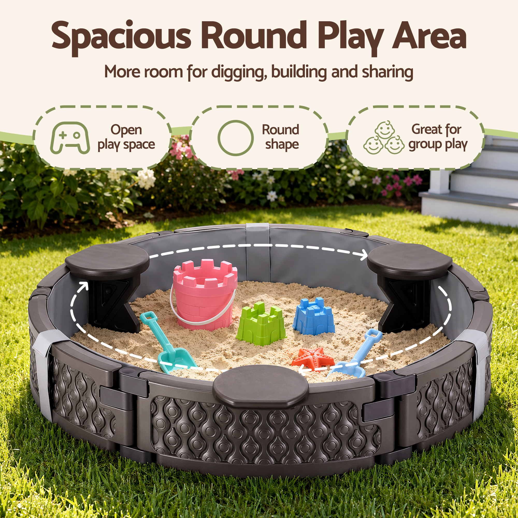 Kids Outdoor Sandpit Toys Sandbox 121cm Round Brown 3 Seats Cover Liner - Image 6