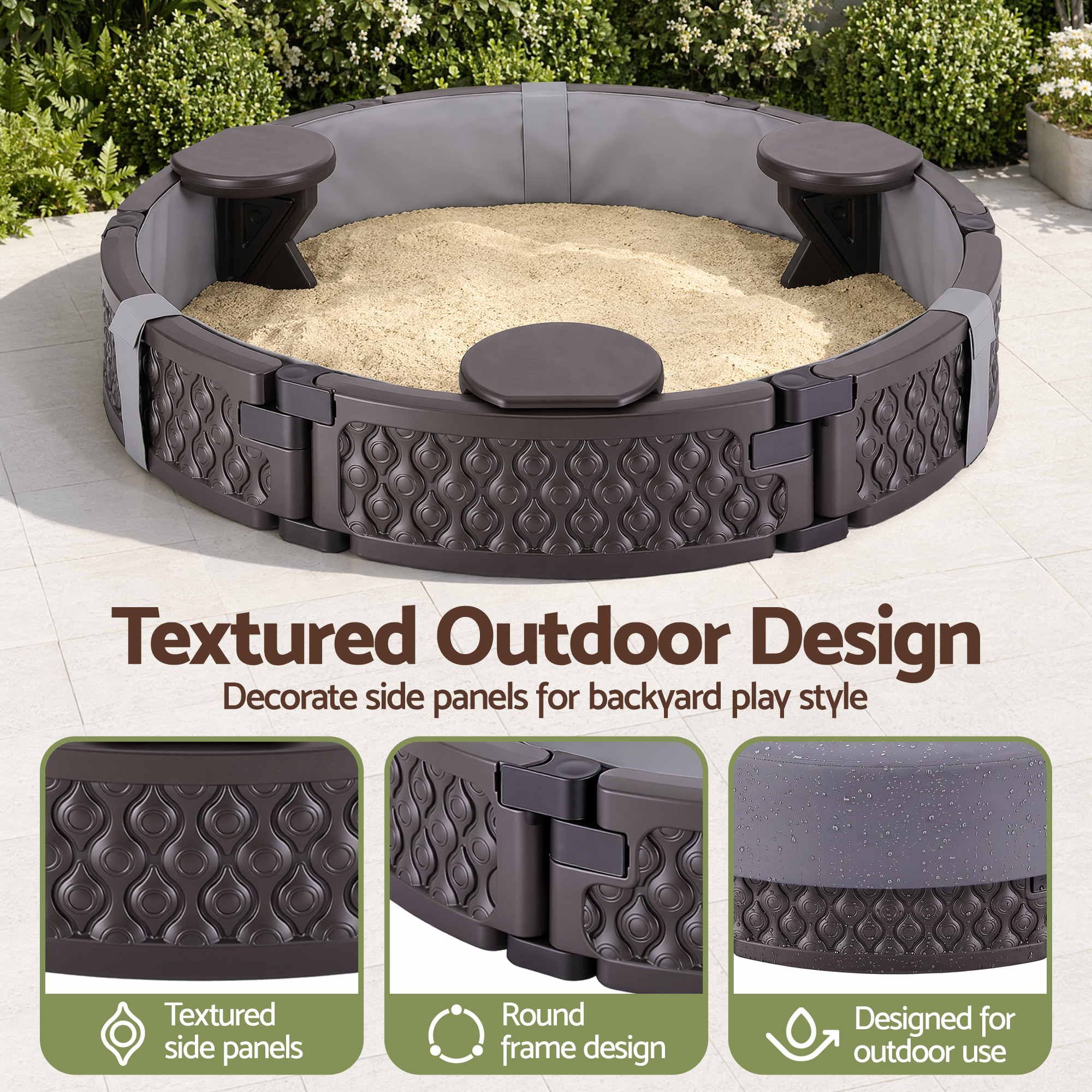 Kids Outdoor Sandpit Toys Sandbox 121cm Round Brown 3 Seats Cover Liner - Image 7