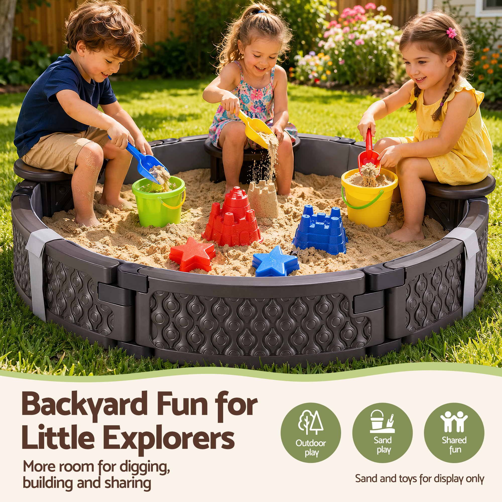 Kids Outdoor Sandpit Toys Sandbox 121cm Round Brown 3 Seats Cover Liner - Image 8