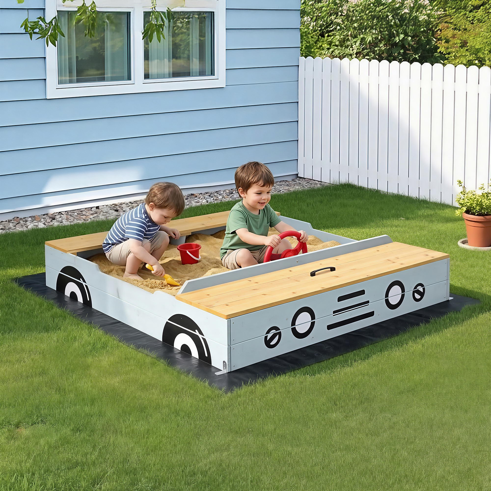 Keezi Wooden Car Sandpit Kids Sandbox Outdoor Play Toy w/ Storage Ground Sheet 120cm - Image 1