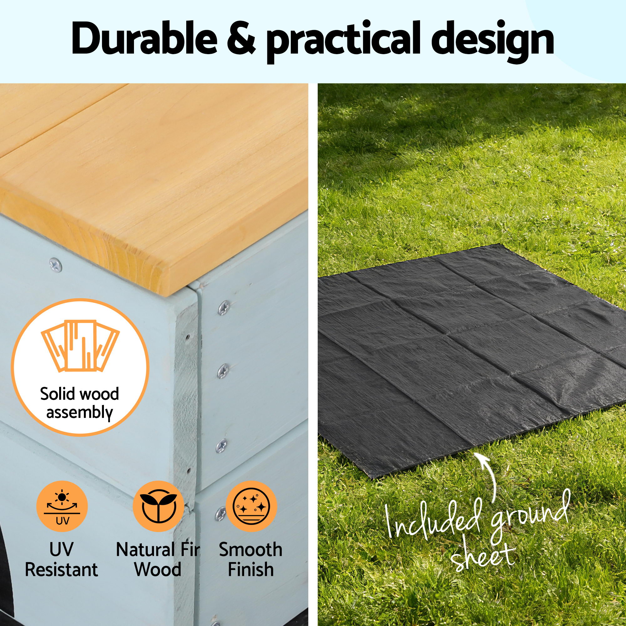 Keezi Wooden Car Sandpit Kids Sandbox Outdoor Play Toy w/ Storage Ground Sheet 120cm - Image 7