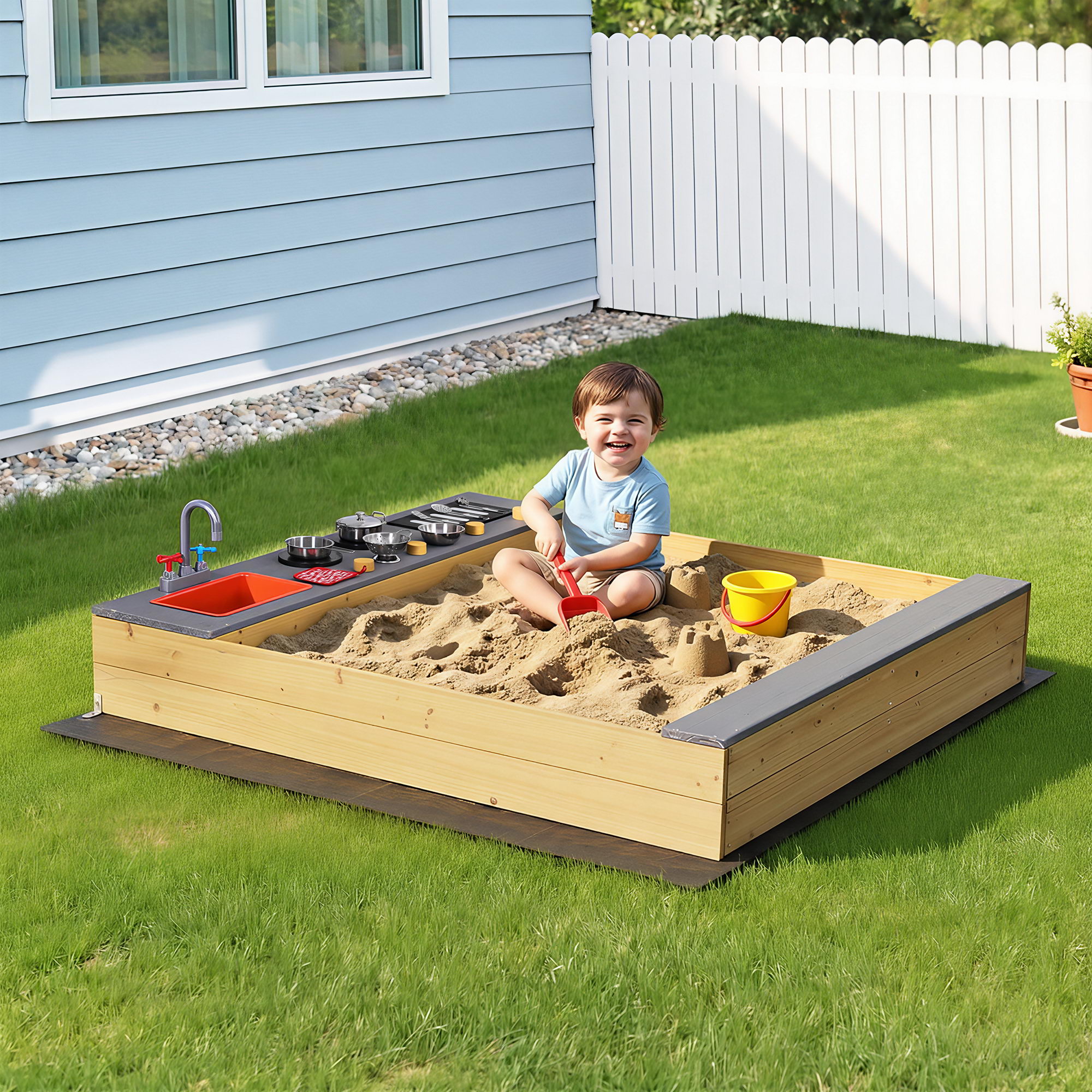 Keezi Wooden Sandpit Sand Pit Outdoor Kids Toy Box Mud Kitchen Sink Storage Bench - Image 1