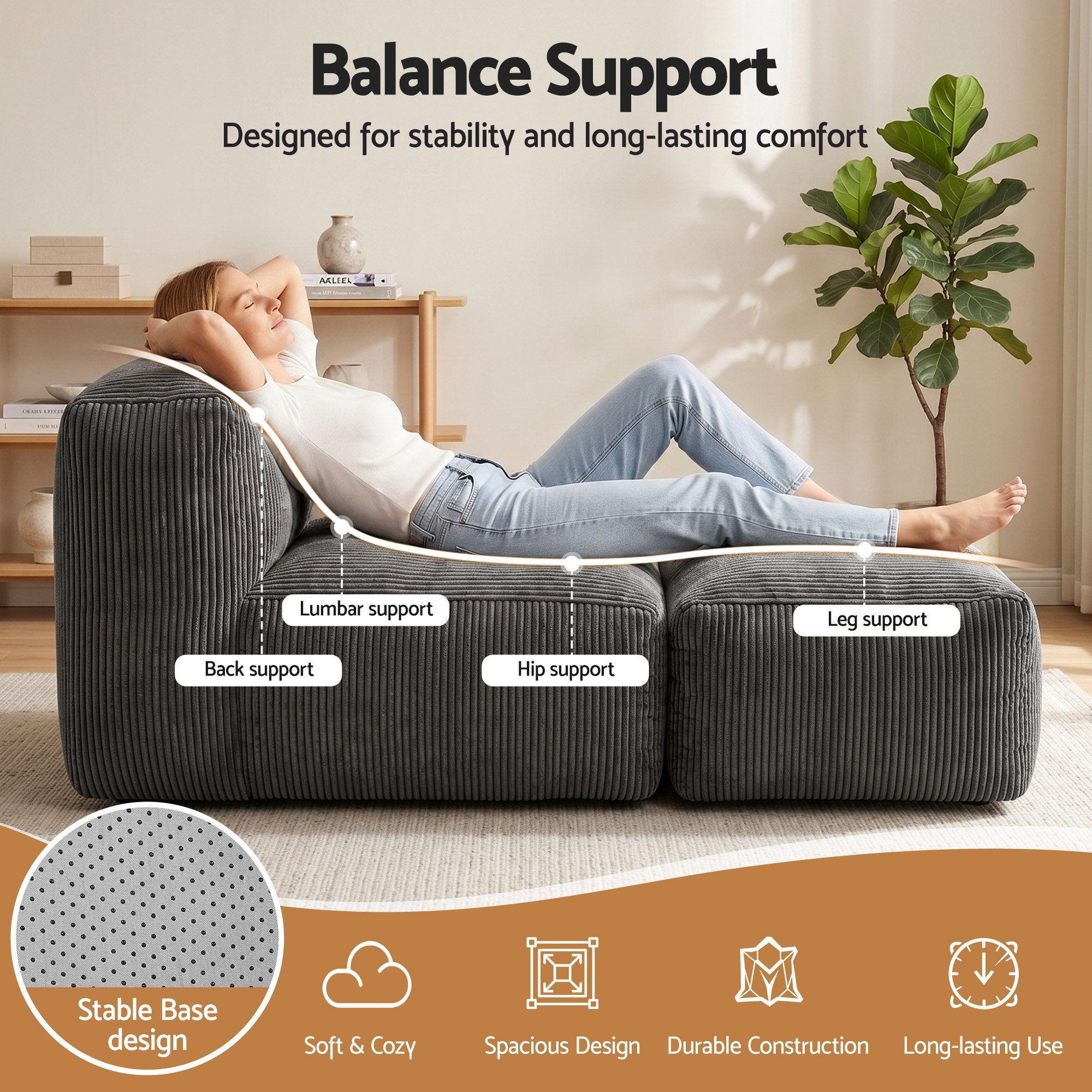 Artiss Foldable Bean Bag Sofa Bed Cloud Couch Boneless Floor Lounger Chair Grey - Image 2