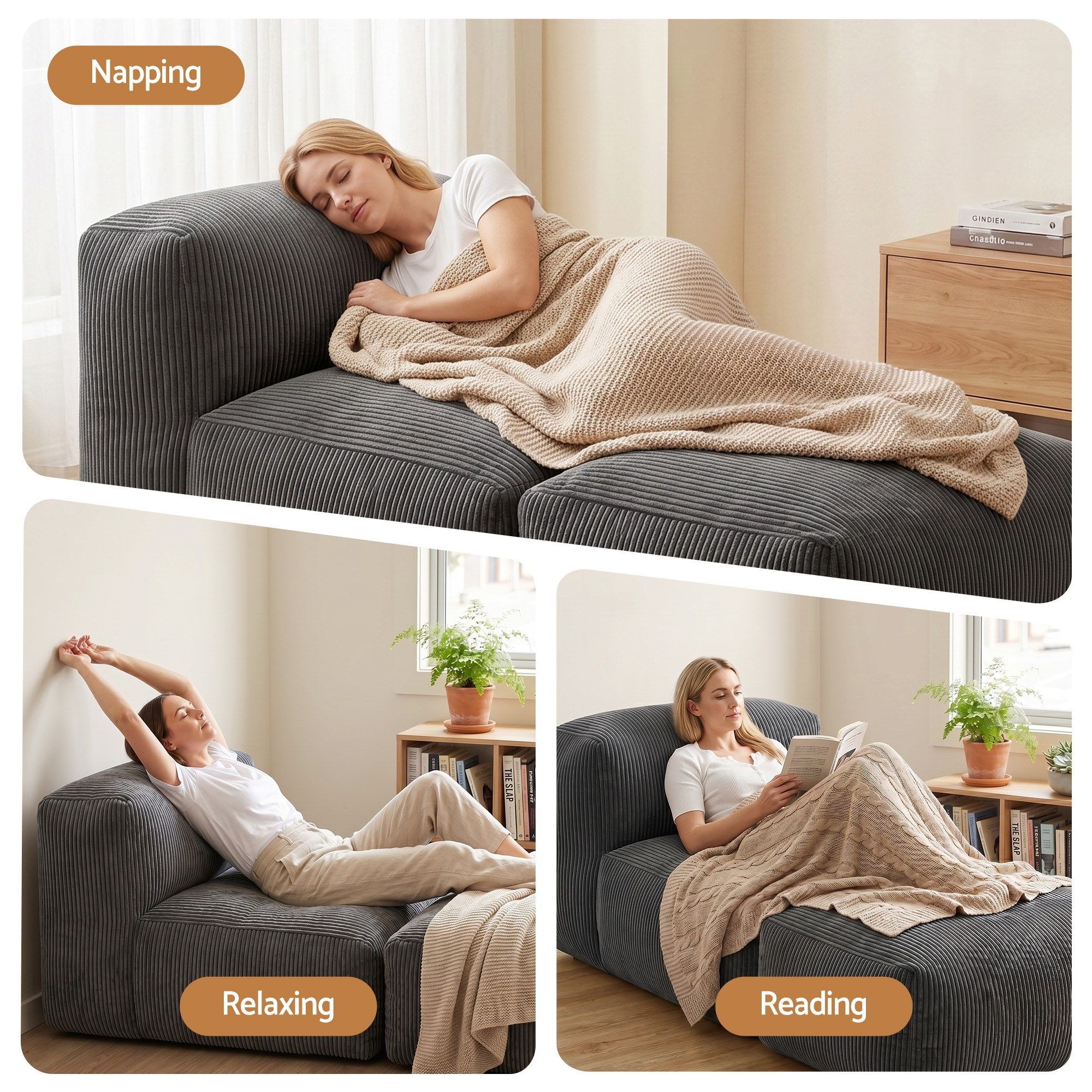 Artiss Foldable Bean Bag Sofa Bed Cloud Couch Boneless Floor Lounger Chair Grey - Image 3