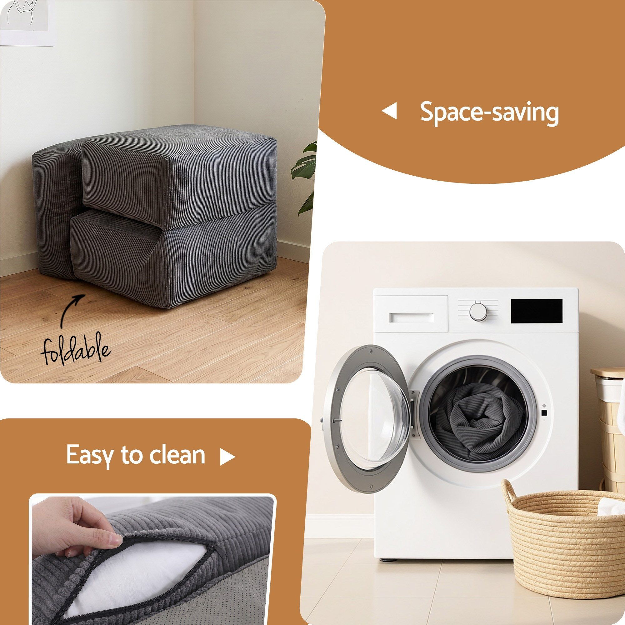 Artiss Foldable Bean Bag Sofa Bed Cloud Couch Boneless Floor Lounger Chair Grey - Image 6