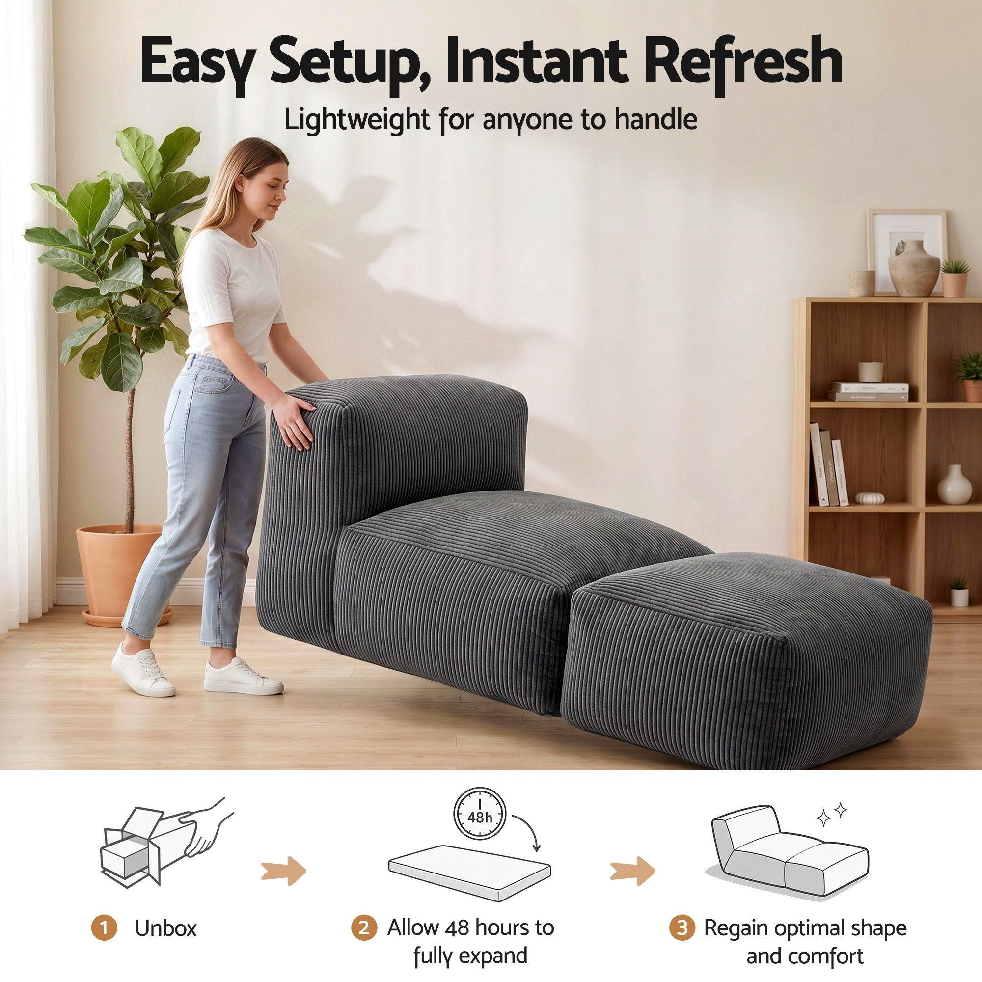 Artiss Foldable Bean Bag Sofa Bed Cloud Couch Boneless Floor Lounger Chair Grey - Image 7