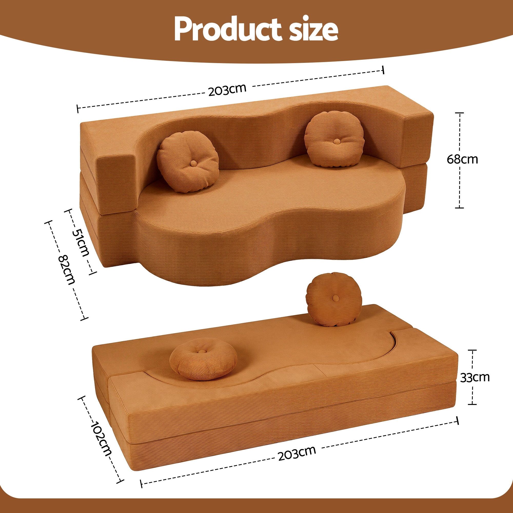 Artiss Folding Sofa Bed Floor Couch 2-in-1 Convertible Futon Loveseat Orange - Image 3