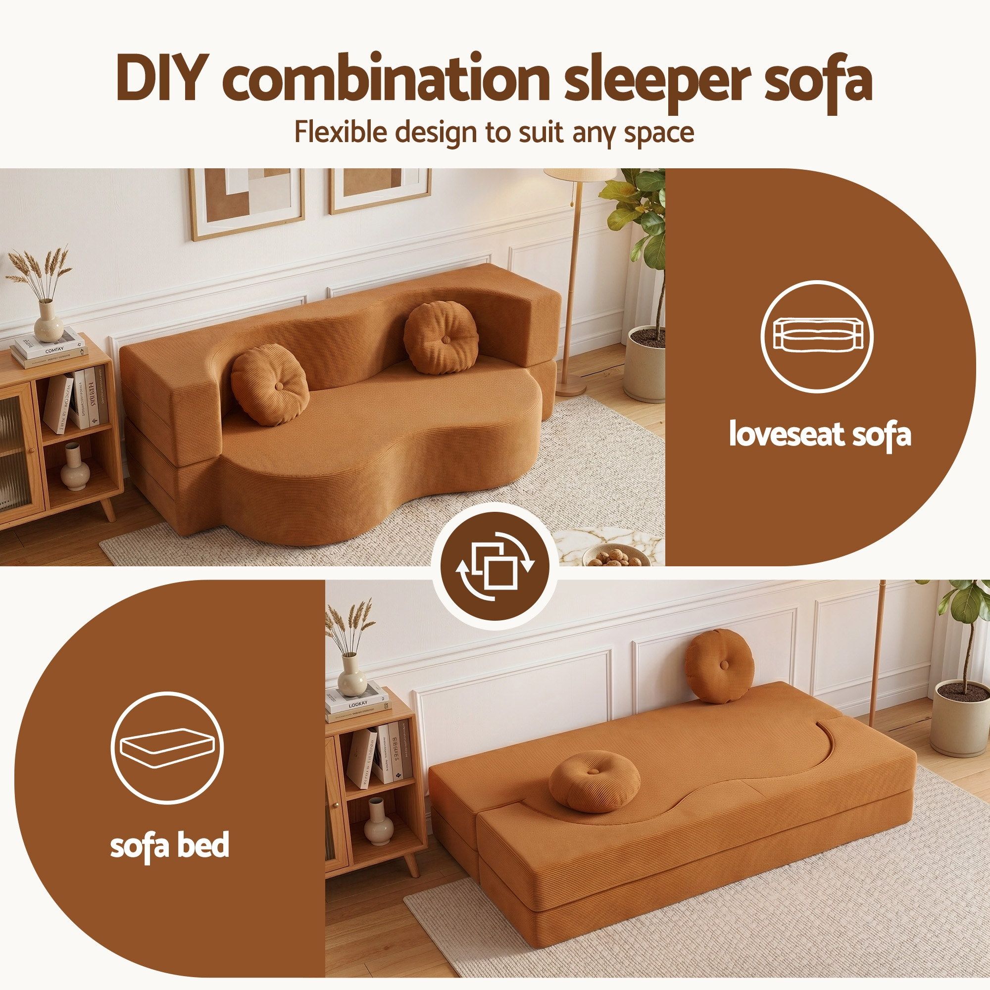 Artiss Folding Sofa Bed Floor Couch 2-in-1 Convertible Futon Loveseat Orange - Image 5