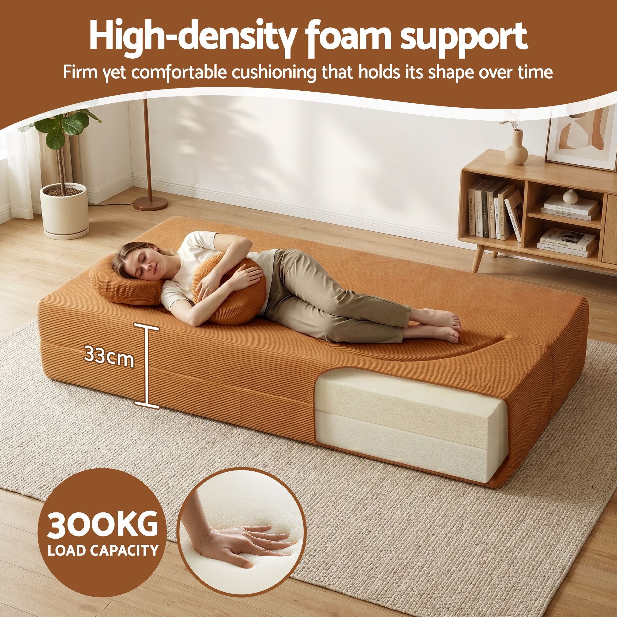 Artiss Folding Sofa Bed Floor Couch 2-in-1 Convertible Futon Loveseat Orange - Image 7