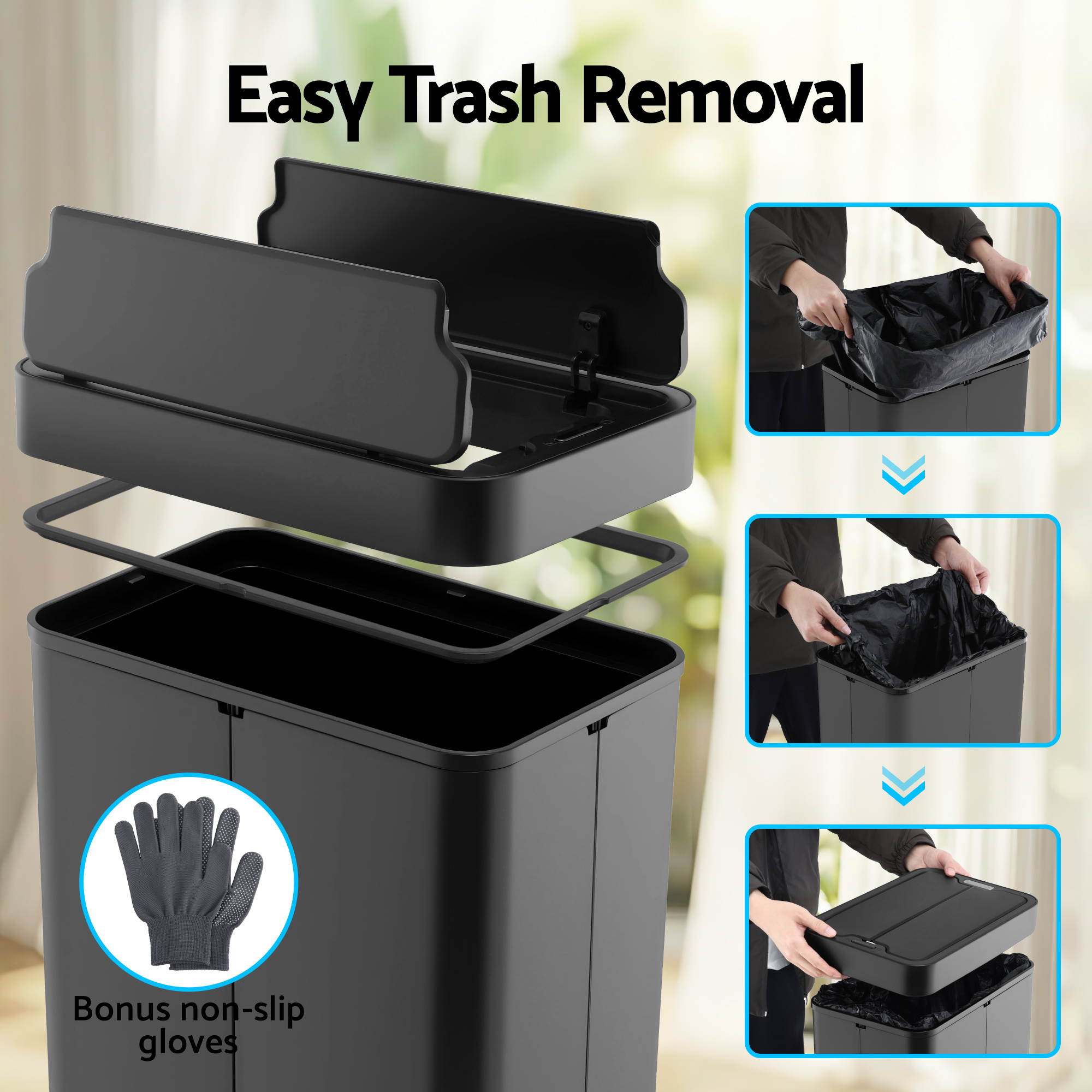 Devanti Rubbish Bin 70L Automatic Sensor Kitchen Bin, Slim Smart Garbage Can Touchless Rectangular with Liner Holder, Fully Closed Lid for Bedroom, Bathroom, Living Room, Black - Image 5