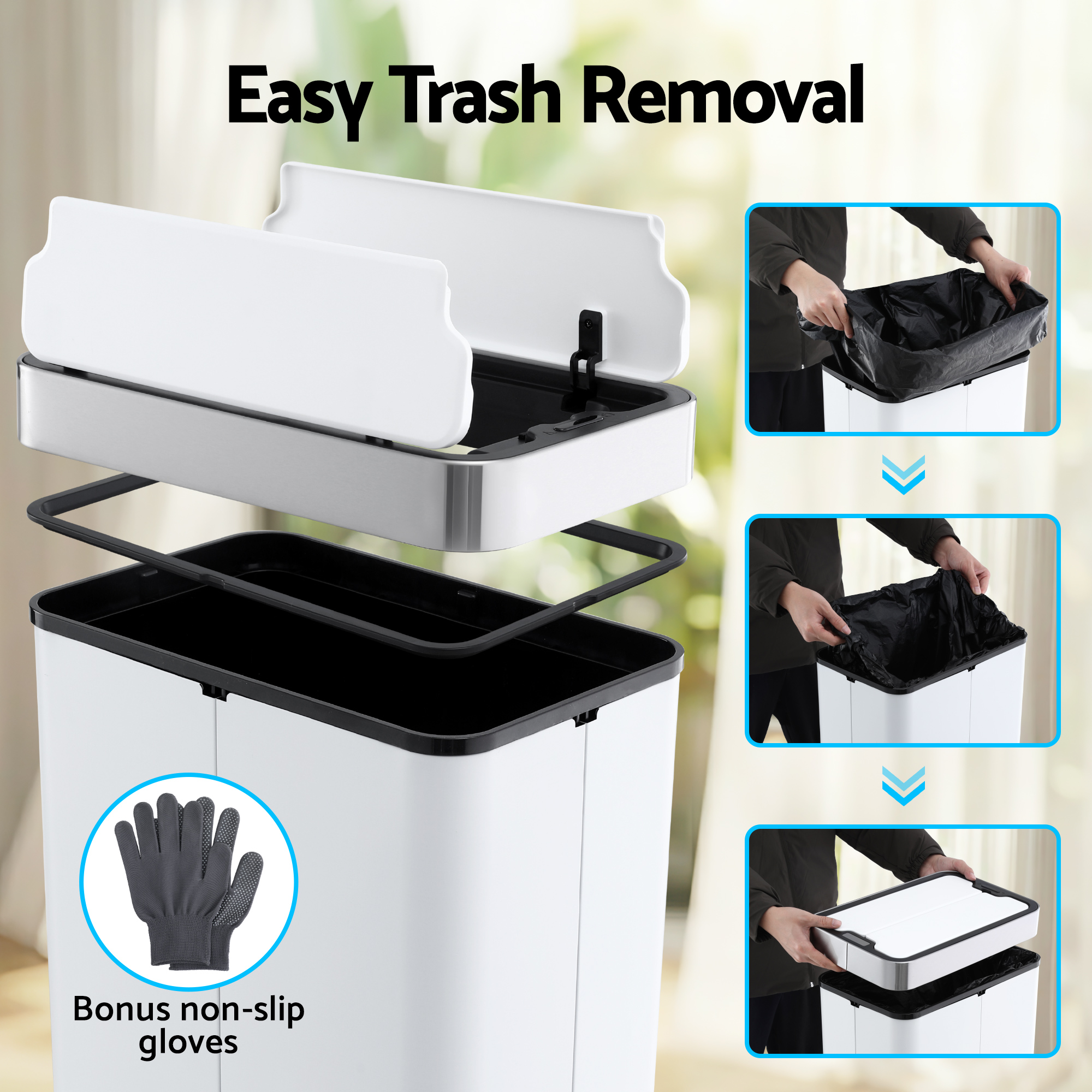 Devanti Rubbish Bin 70L Automatic Sensor Kitchen Bin, Slim Smart Garbage Can Touchless Rectangular with Liner Holder, Fully Closed Lid for Bedroom, Bathroom, Living Room, White - Image 5