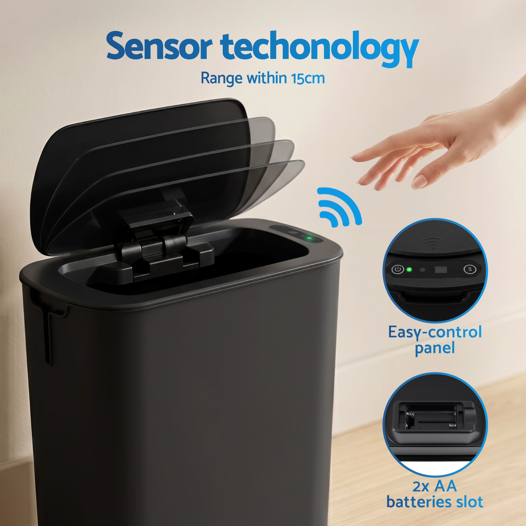 Devanti Automatic Trash Bin 2PCS with Lid 11L Motion Sensor Kitchen Bin Touchless Garbage Can Modern Black Plastic Slim Rubbish Bin with Liner Holder for Kitchen, Home, Office - Image 4