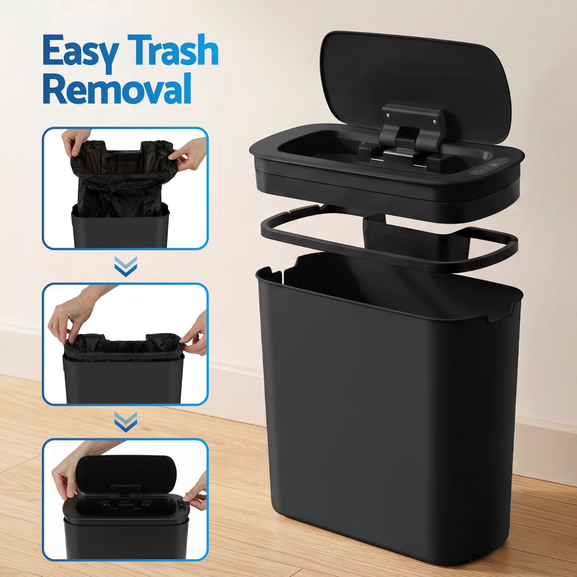 Devanti Automatic Trash Bin 2PCS with Lid 11L Motion Sensor Kitchen Bin Touchless Garbage Can Modern Black Plastic Slim Rubbish Bin with Liner Holder for Kitchen, Home, Office - Image 5