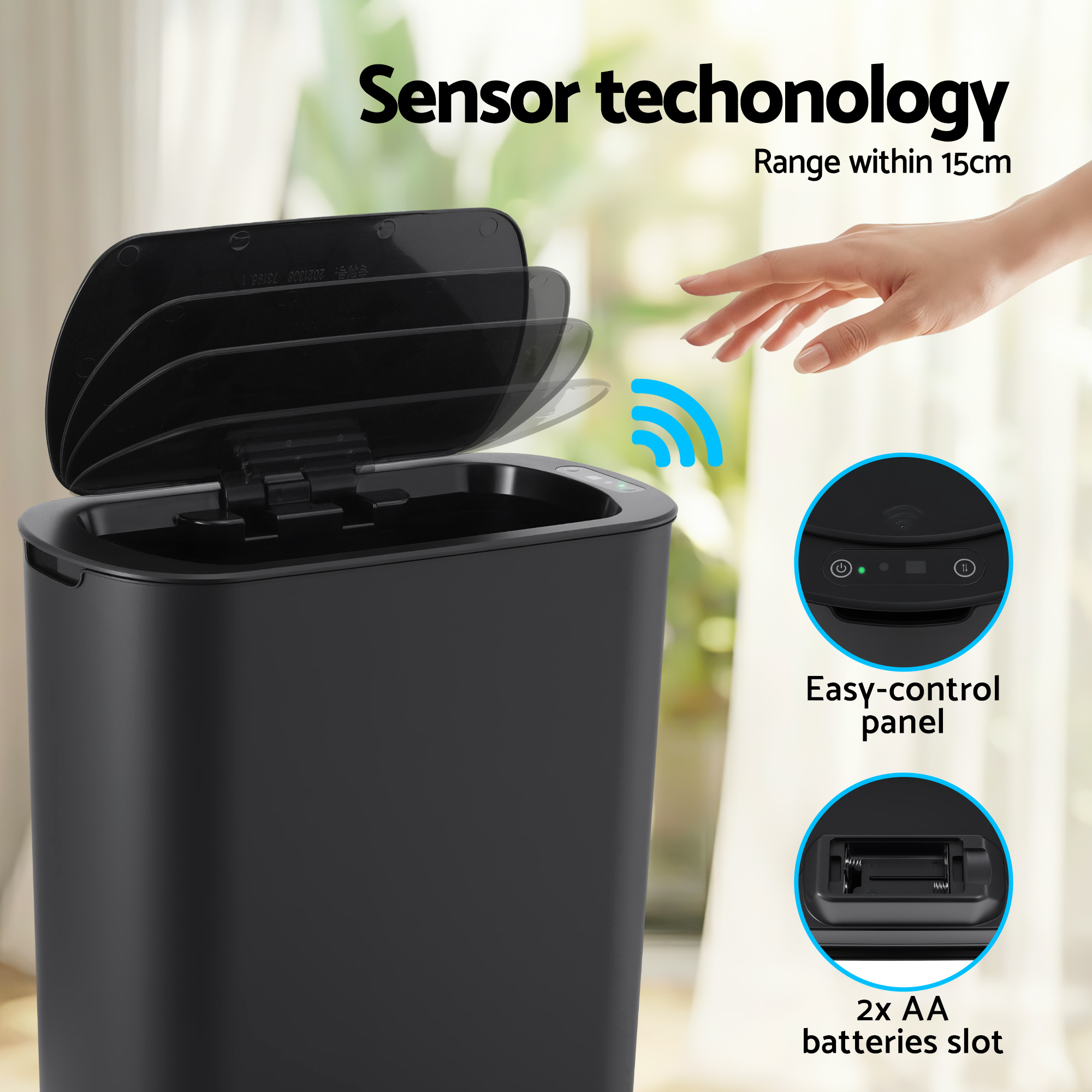 Devanti Automatic Trash Bin with Lid 25L Motion Sensor Kitchen Bin Touchless Garbage Can Plastic Slim Rubbish Bin with Liner Holder for Kitchen, Home, Office, Black - Image 4