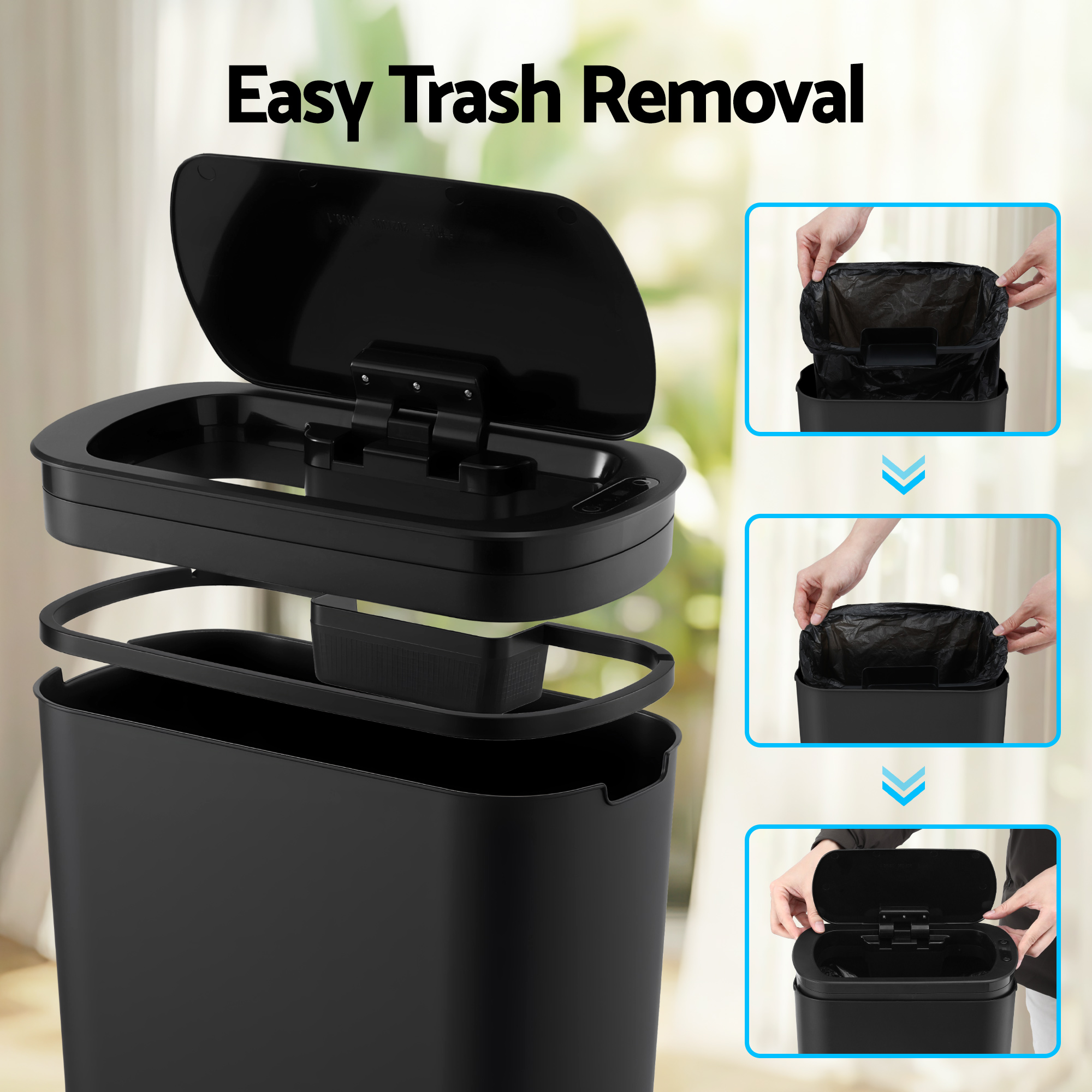 Devanti Automatic Trash Bin with Lid 25L Motion Sensor Kitchen Bin Touchless Garbage Can Plastic Slim Rubbish Bin with Liner Holder for Kitchen, Home, Office, Black - Image 5