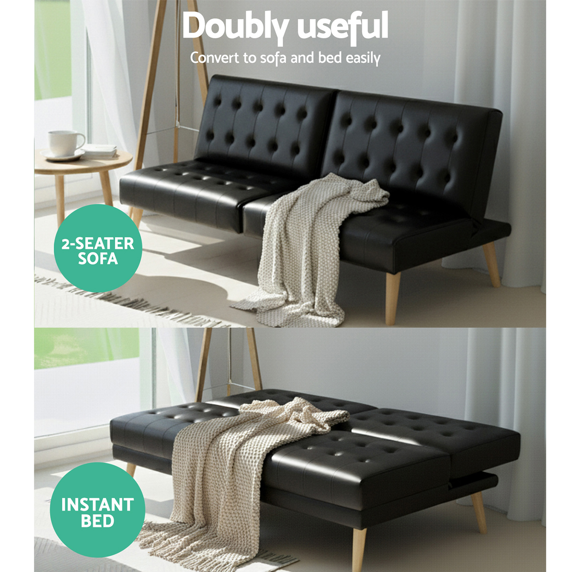 Artiss Sofa Bed Couch 2 Seater Lounge Fabric Black - Image 7