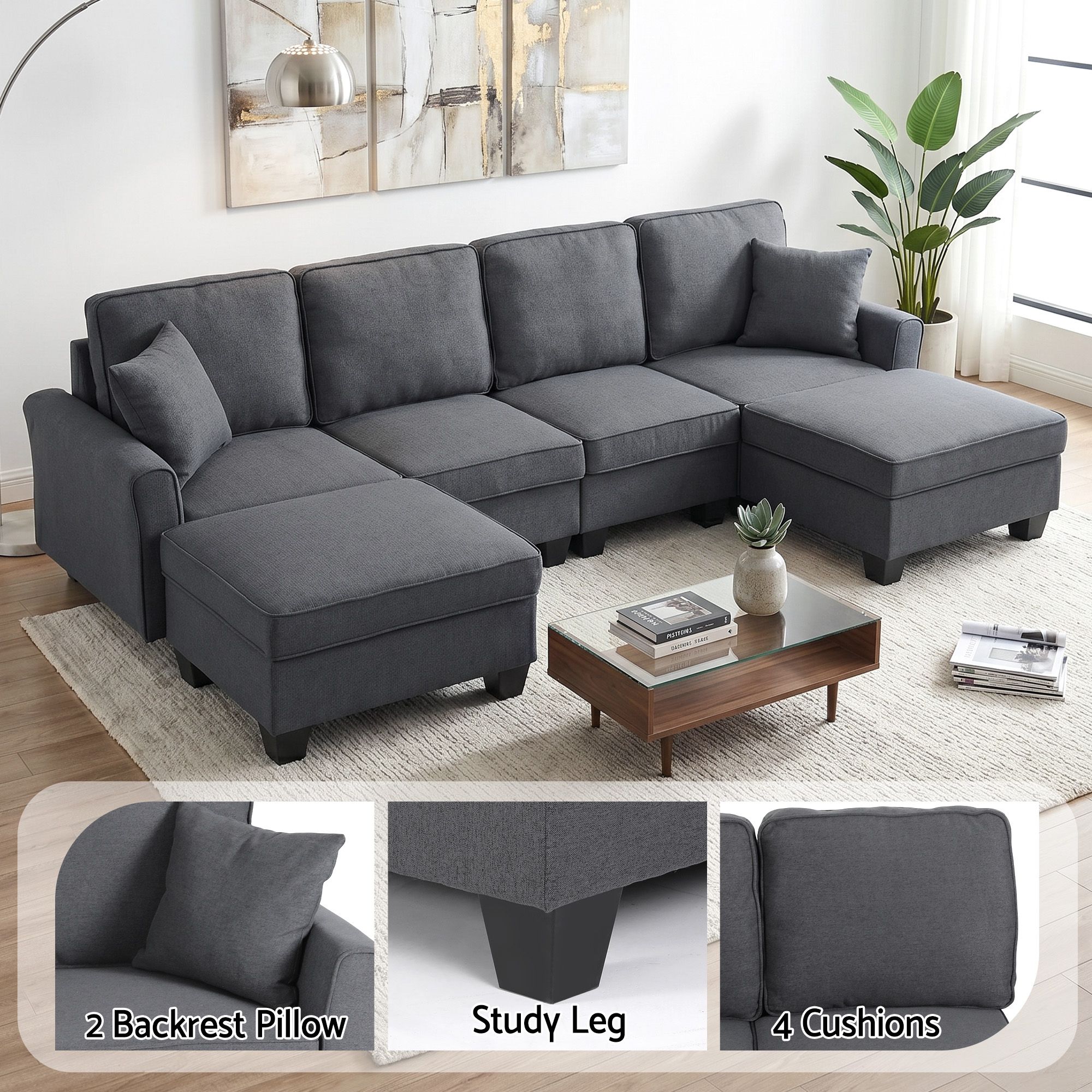 Artiss Modular Sectional U Shaped Storage Sofa Couches for Living Room Grey - Image 5