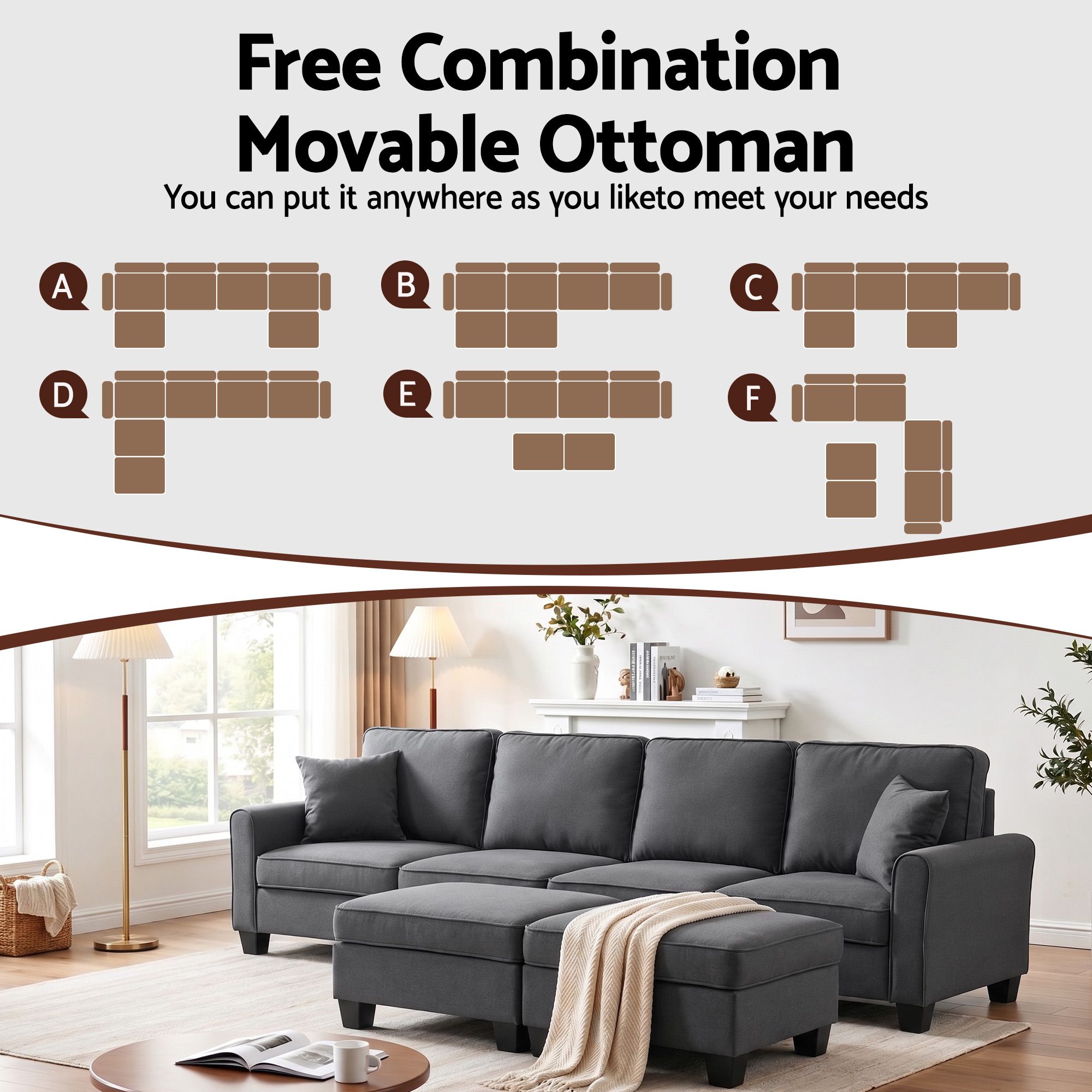 Artiss Modular Sectional U Shaped Storage Sofa Couches for Living Room Grey - Image 6