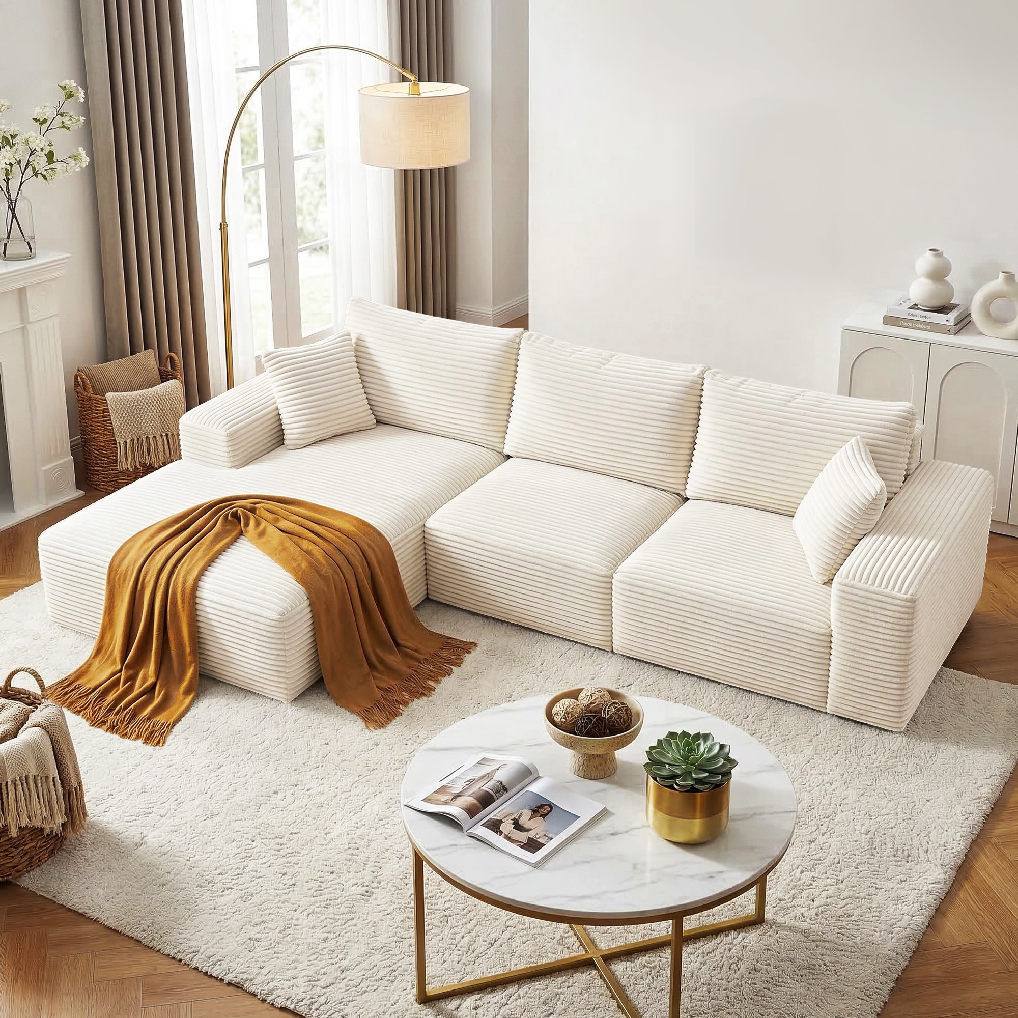 Artiss 3 Seater Modular Sofa Bed Sectional Boneless Couches for Living Room Corduroy Compressed Sofa White - Image 1