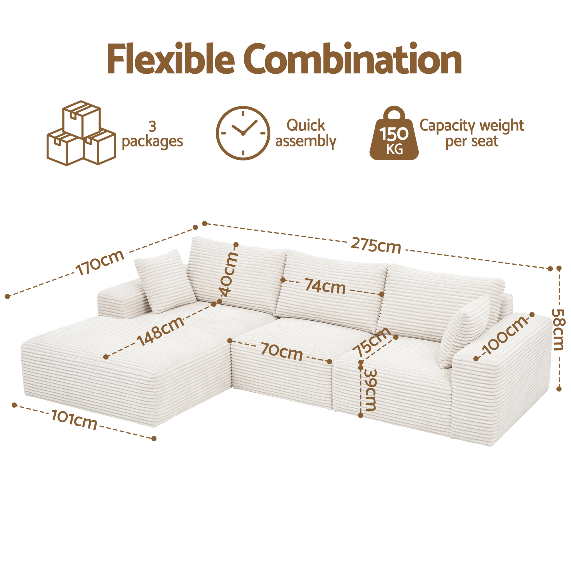 Artiss 3 Seater Modular Sofa Bed Sectional Boneless Couches for Living Room Corduroy Compressed Sofa White - Image 2
