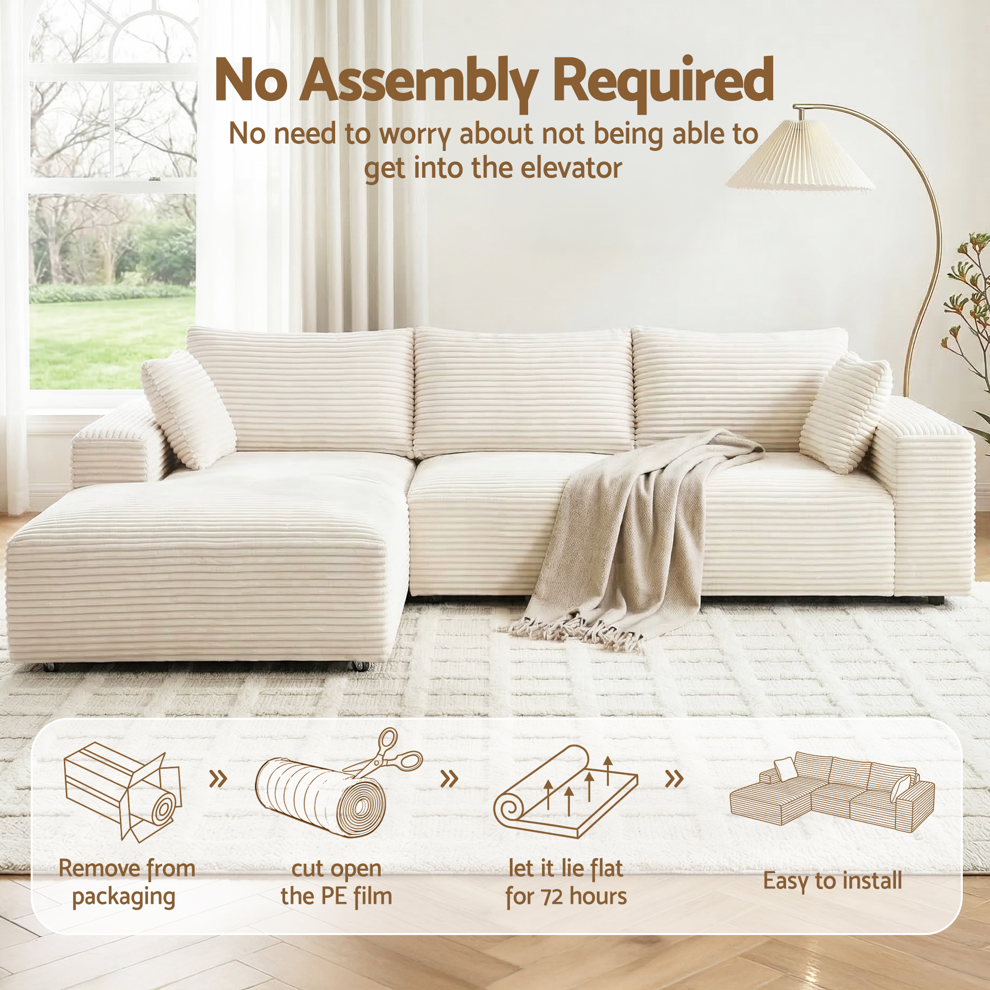 Artiss 3 Seater Modular Sofa Bed Sectional Boneless Couches for Living Room Corduroy Compressed Sofa White - Image 4