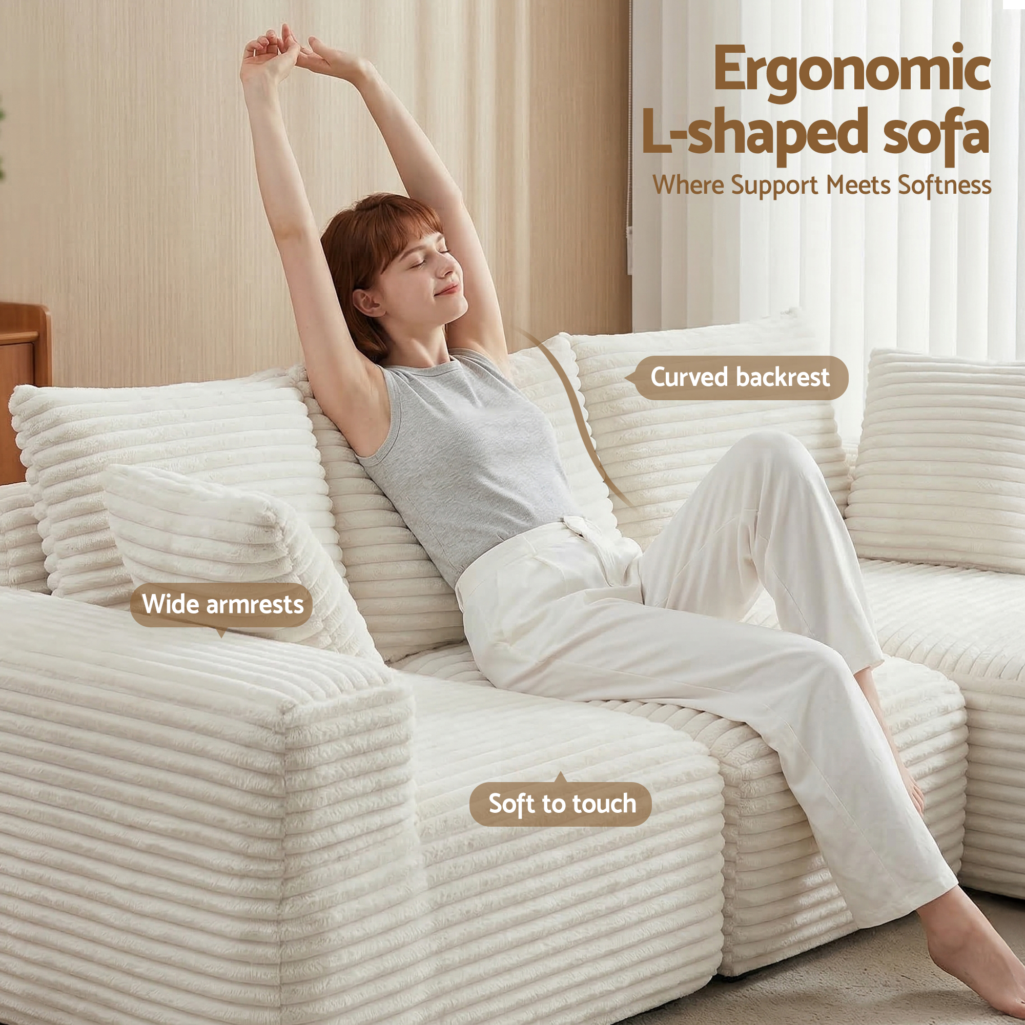 Artiss 3 Seater Modular Sofa Bed Sectional Boneless Couches for Living Room Corduroy Compressed Sofa White - Image 6