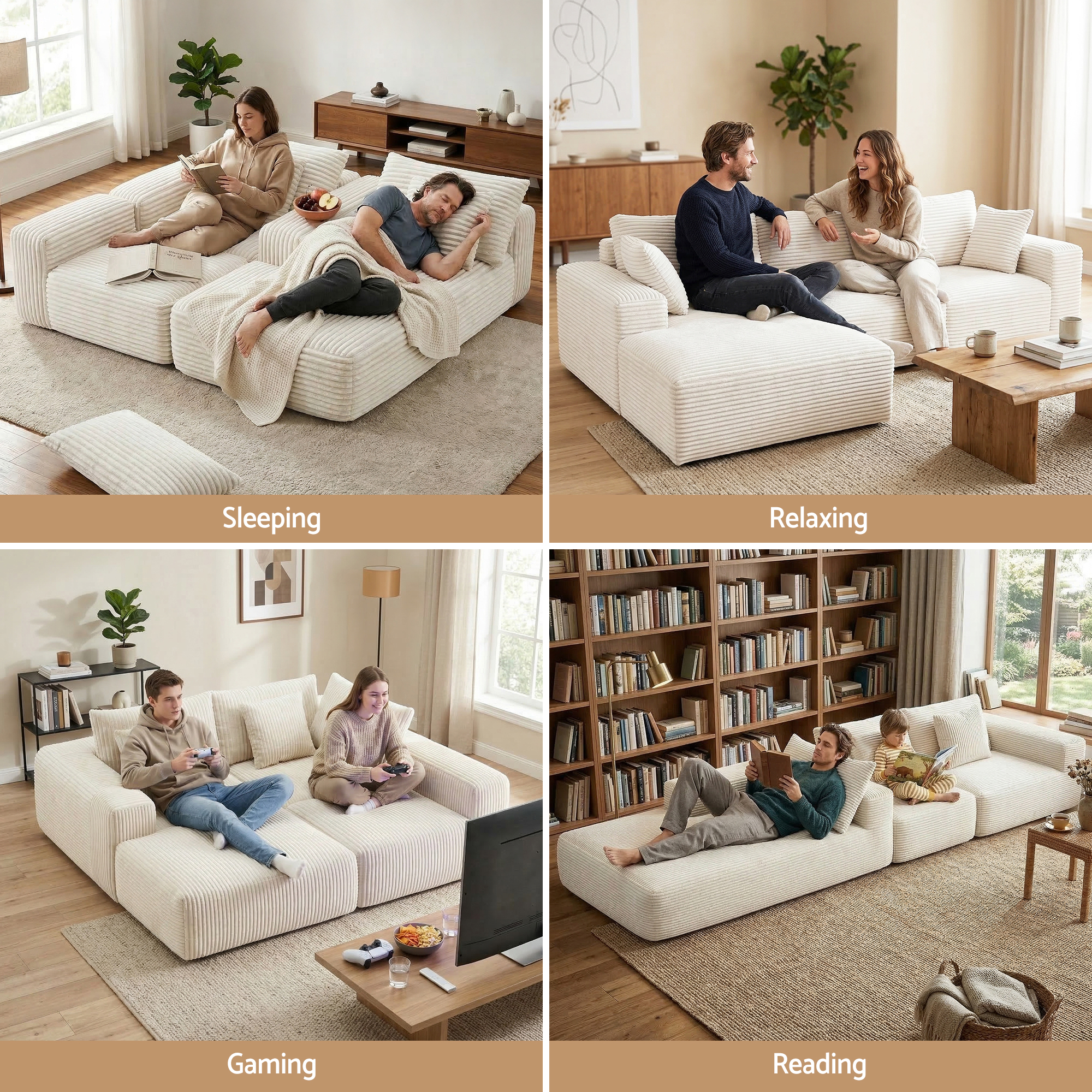 Artiss 3 Seater Modular Sofa Bed Sectional Boneless Couches for Living Room Corduroy Compressed Sofa White - Image 7
