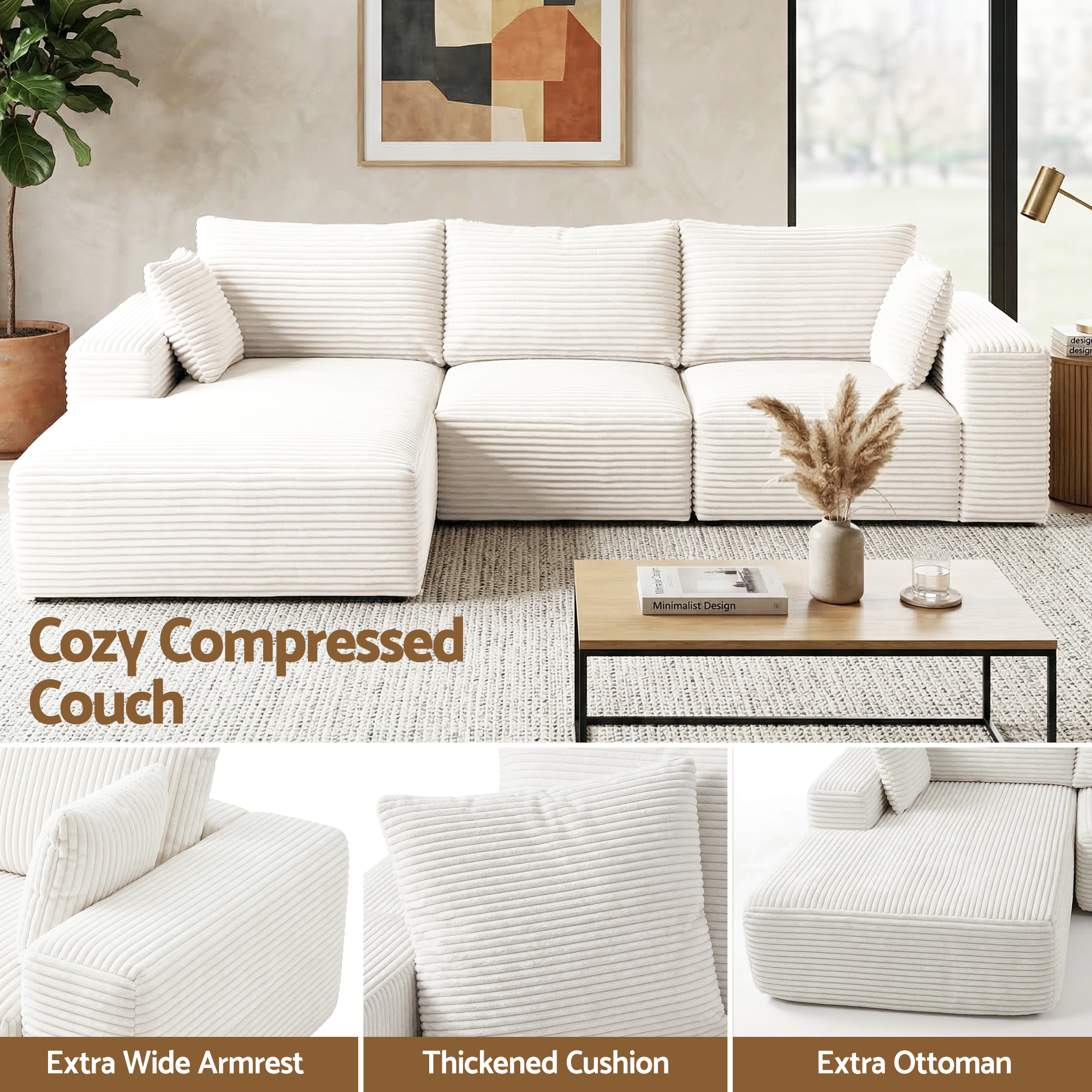 Artiss 3 Seater Modular Sofa Bed Sectional Boneless Couches for Living Room Corduroy Compressed Sofa White - Image 8
