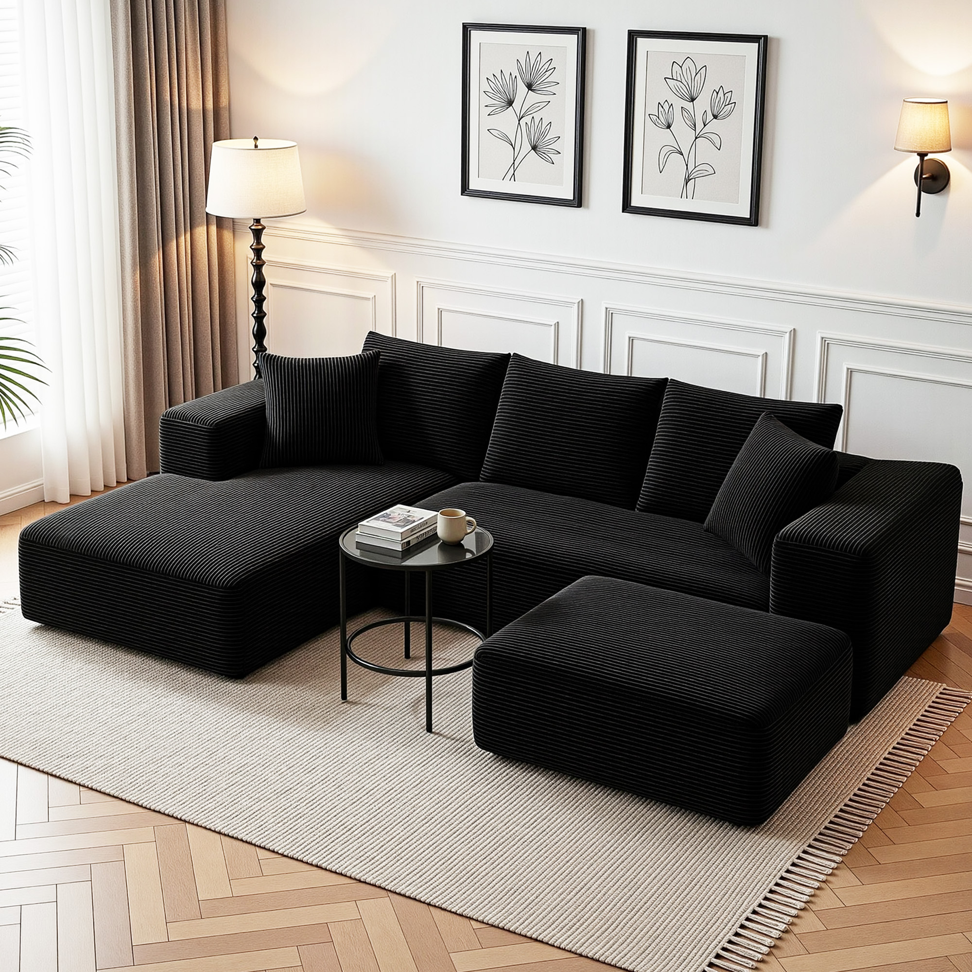 Artiss Modular Sofa Bed with Ottoman Sectional Boneless Couches for Living Room Corduroy Compressed Sofa Black - Image 1