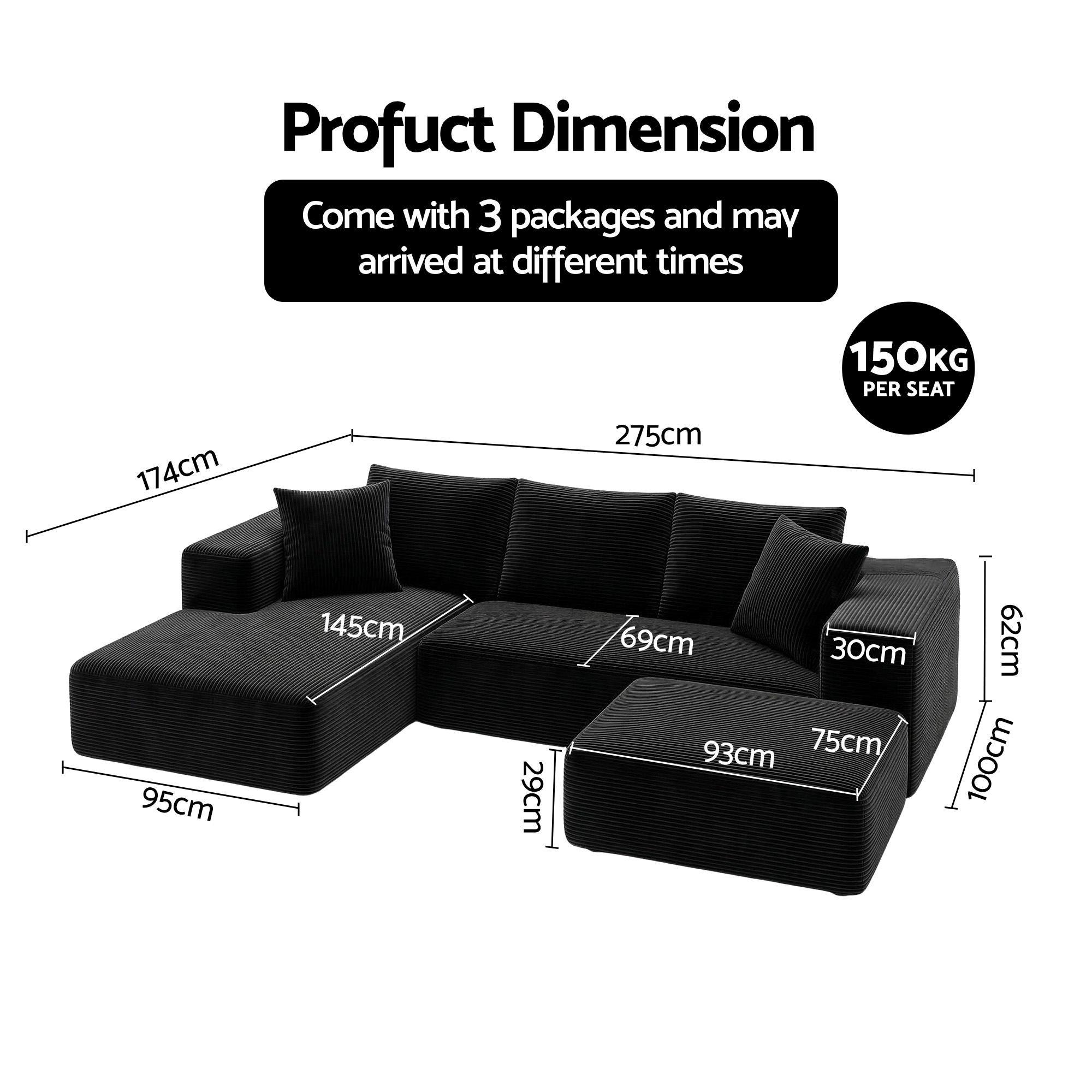 Artiss Modular Sofa Bed with Ottoman Sectional Boneless Couches for Living Room Corduroy Compressed Sofa Black - Image 2