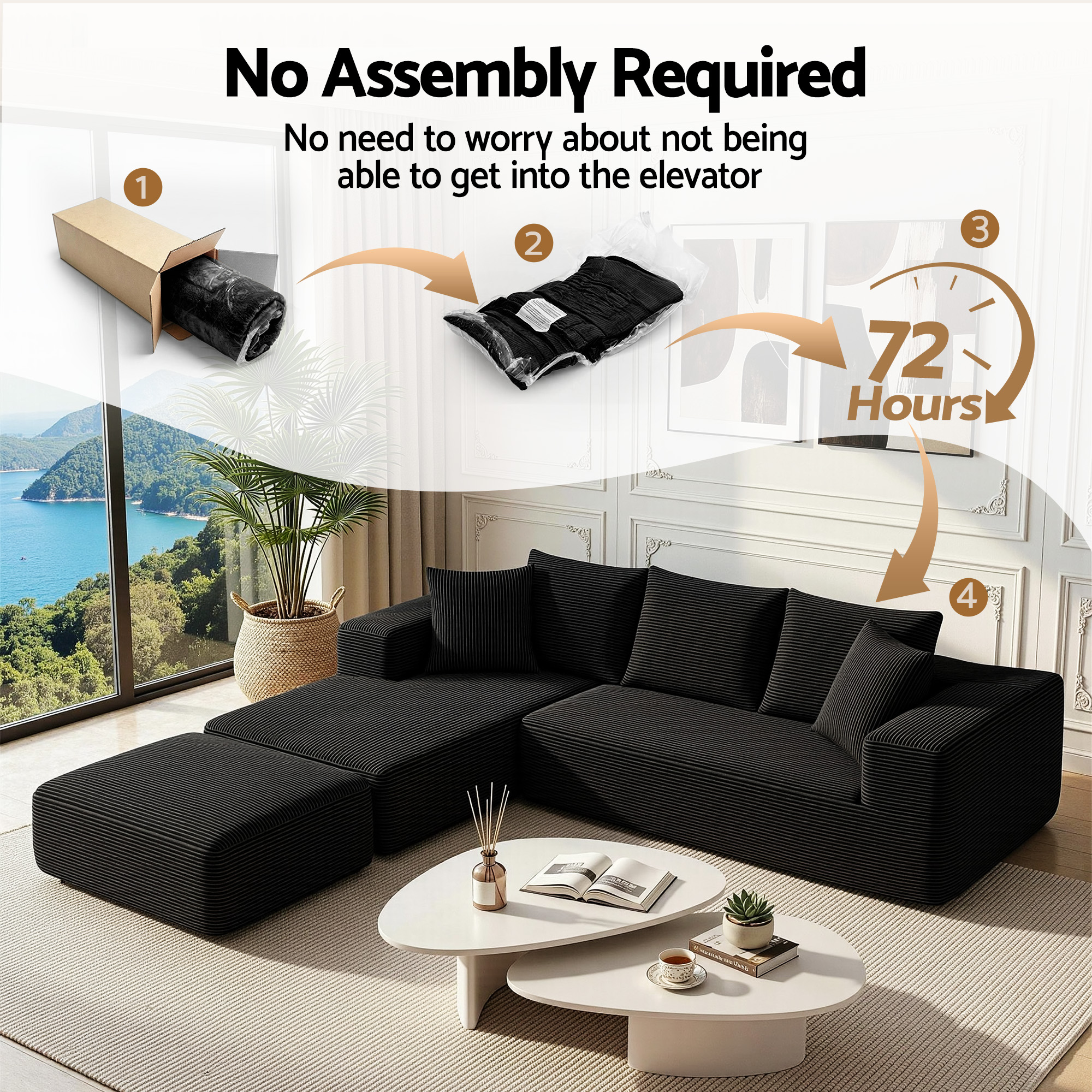 Artiss Modular Sofa Bed with Ottoman Sectional Boneless Couches for Living Room Corduroy Compressed Sofa Black - Image 4