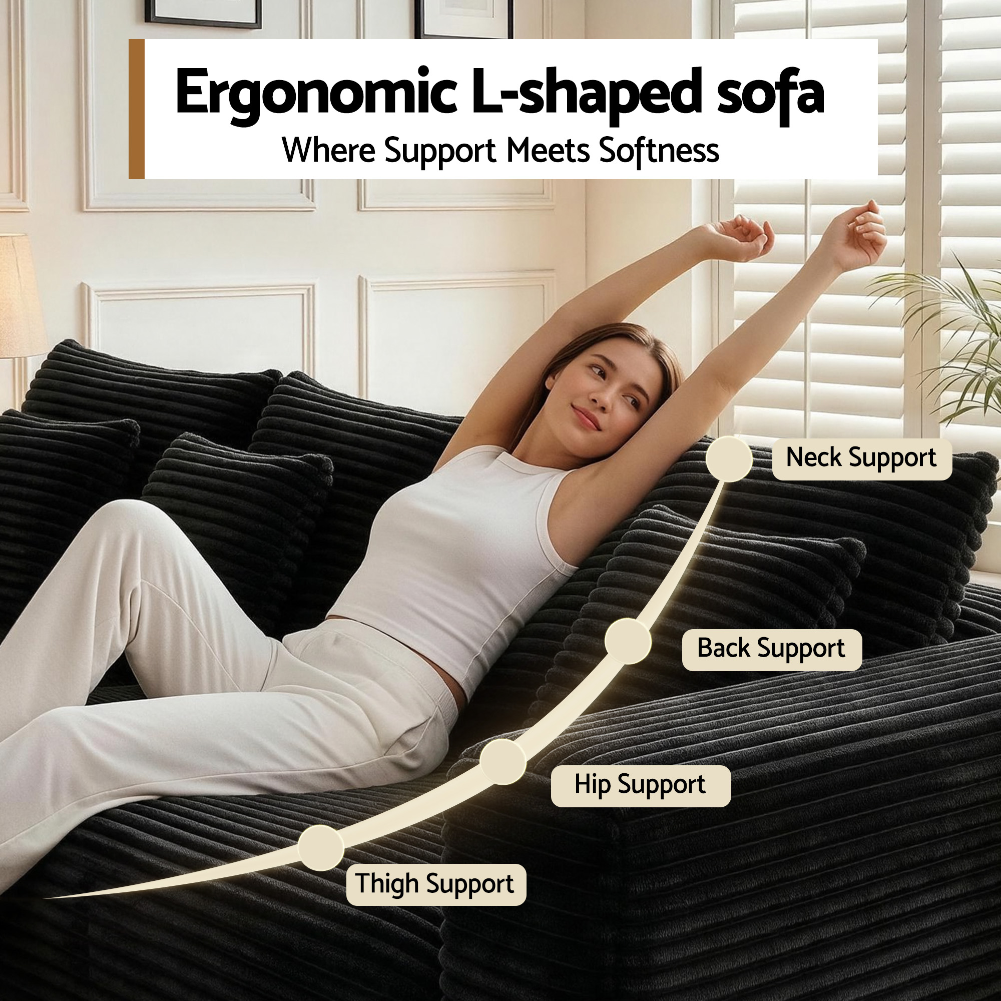 Artiss Modular Sofa Bed with Ottoman Sectional Boneless Couches for Living Room Corduroy Compressed Sofa Black - Image 6