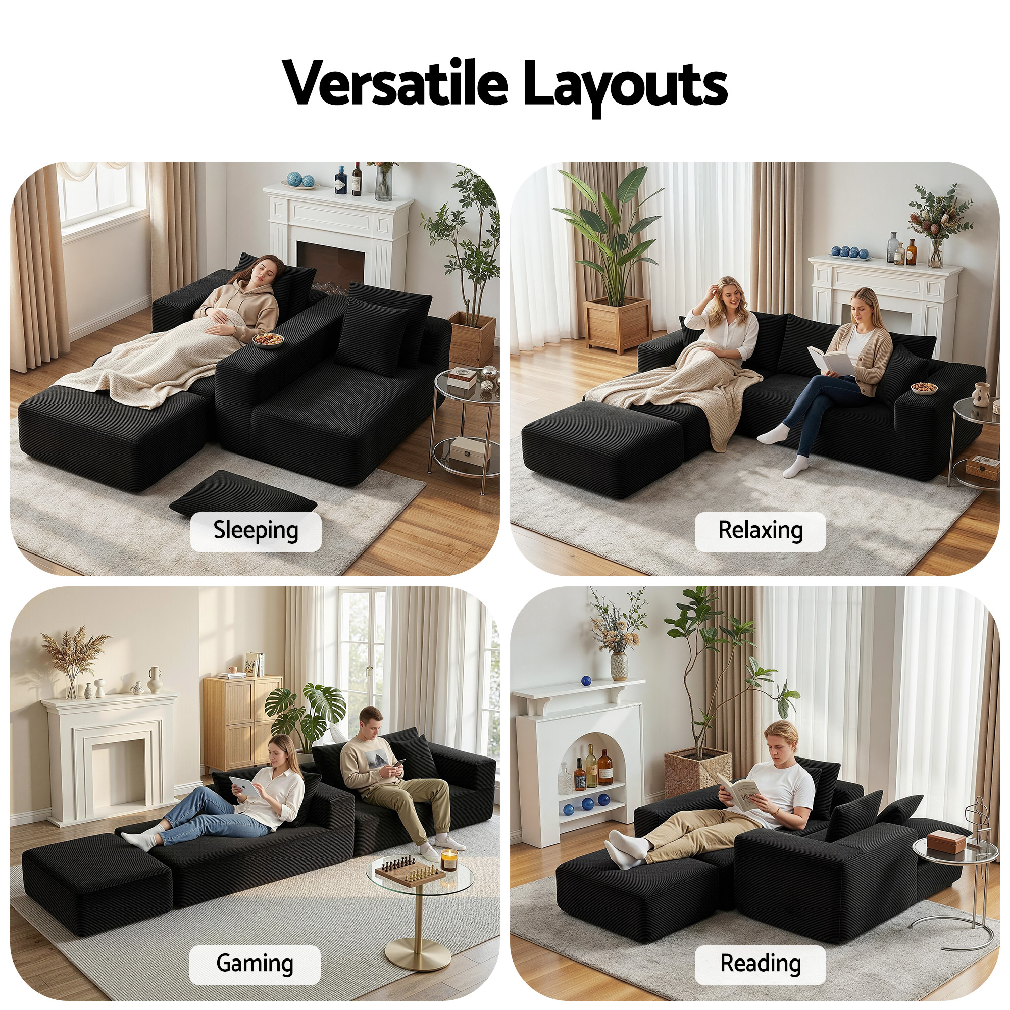 Artiss Modular Sofa Bed with Ottoman Sectional Boneless Couches for Living Room Corduroy Compressed Sofa Black - Image 7