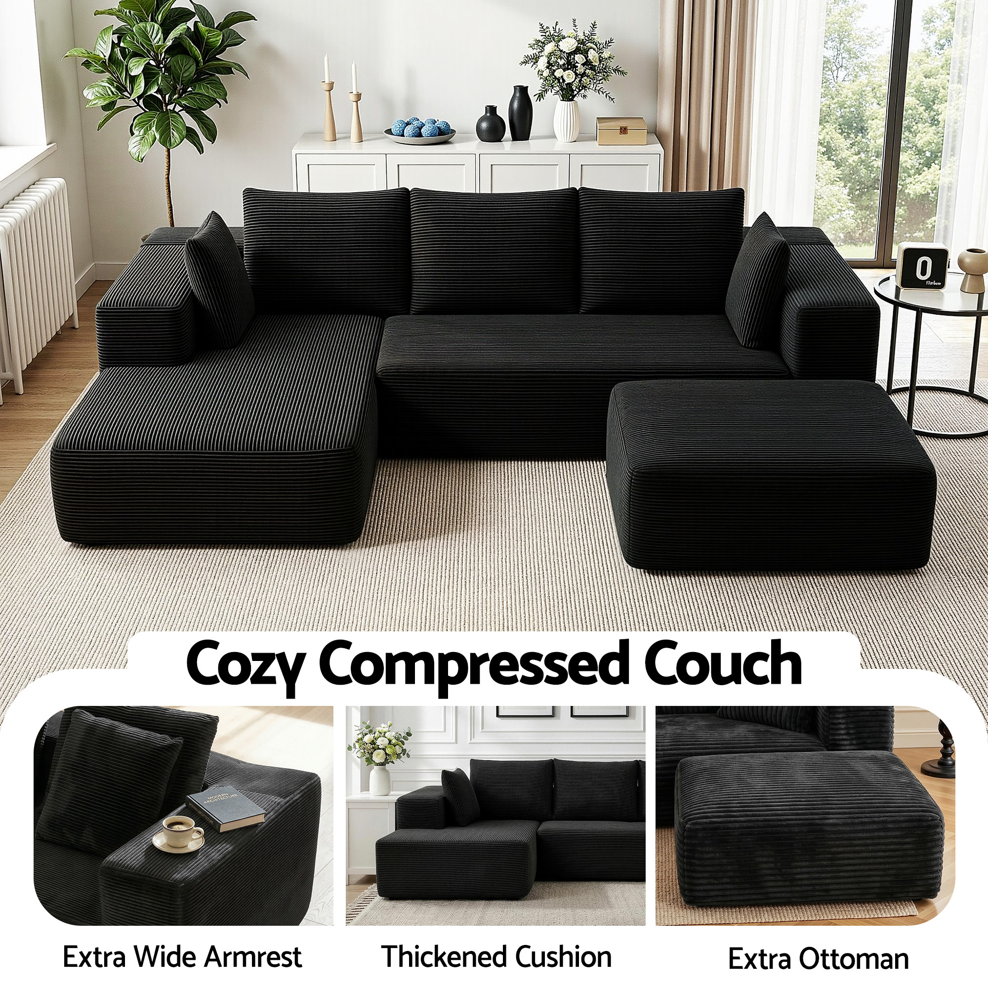 Artiss Modular Sofa Bed with Ottoman Sectional Boneless Couches for Living Room Corduroy Compressed Sofa Black - Image 8
